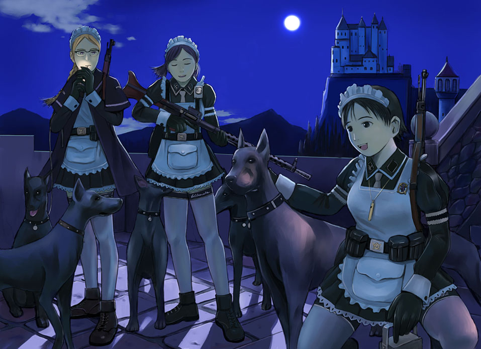 mimura kaoru, original, white legwear, 3girls, ammunition pouch, bolt action, castle, cigarette, closed eyes, collar, combat maid, dog, full moon, gun, karabiner 98k, machine gun, maid, maid headdress, mauser 98, mg 34, moon, multiple girls, night, pouch, purple sky, rifle, schutzstaffel, sky, thighhighs, waffen-ss, weapon, whistle, world war ii