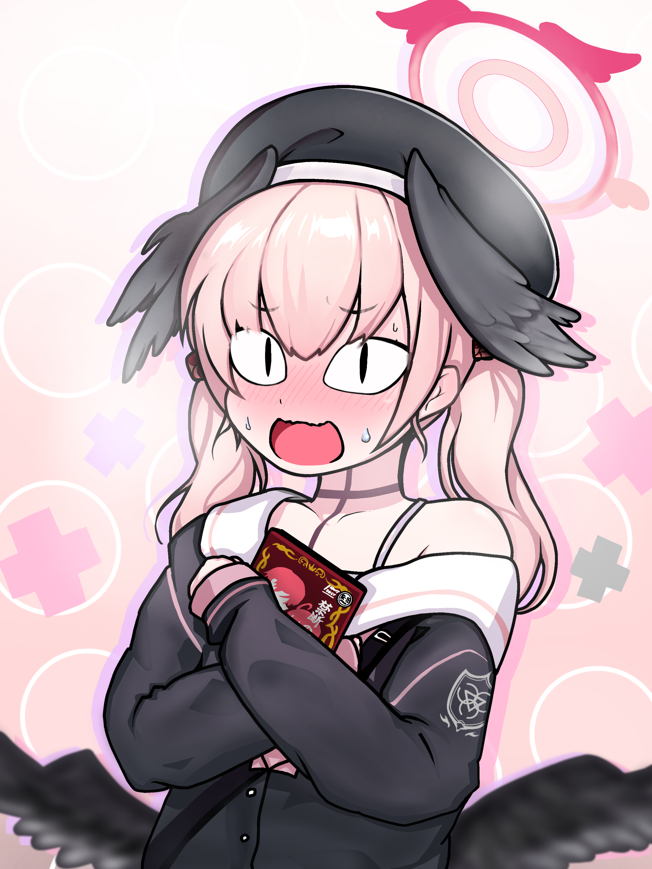 tomimon, koharu (blue archive), blue archive, absurdres, highres, <|> <|>, 1girl, beret, black hat, black shirt, black wings, blush, collarbone, feathered wings, gradient background, halo, hat, head wings, hugging object, long hair, long sleeves, looking at viewer, nose blush, off shoulder, open mouth, pink background, pink hair, puffy long sleeves, puffy sleeves, sailor collar, school uniform, serafuku, shirt, sleeves past wrists, solo, sweat, twintails, upper body, white sailor collar, wings