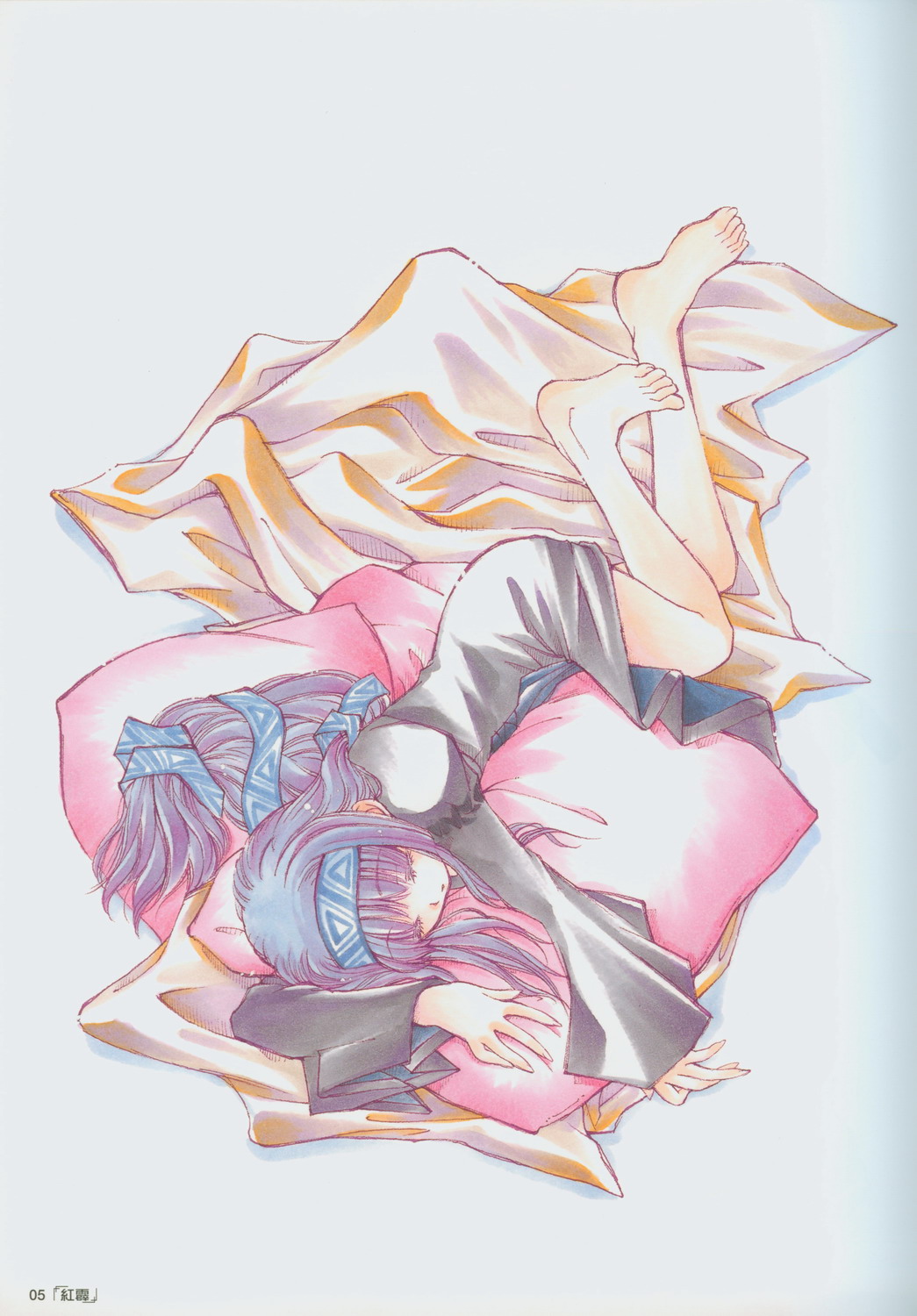 azuma mayumi, reverie metherlence, elemental gelade, highres, 00s, 1girl, barefoot, black dress, blue hair, dress, female focus, long hair, lying, sleeping, solo