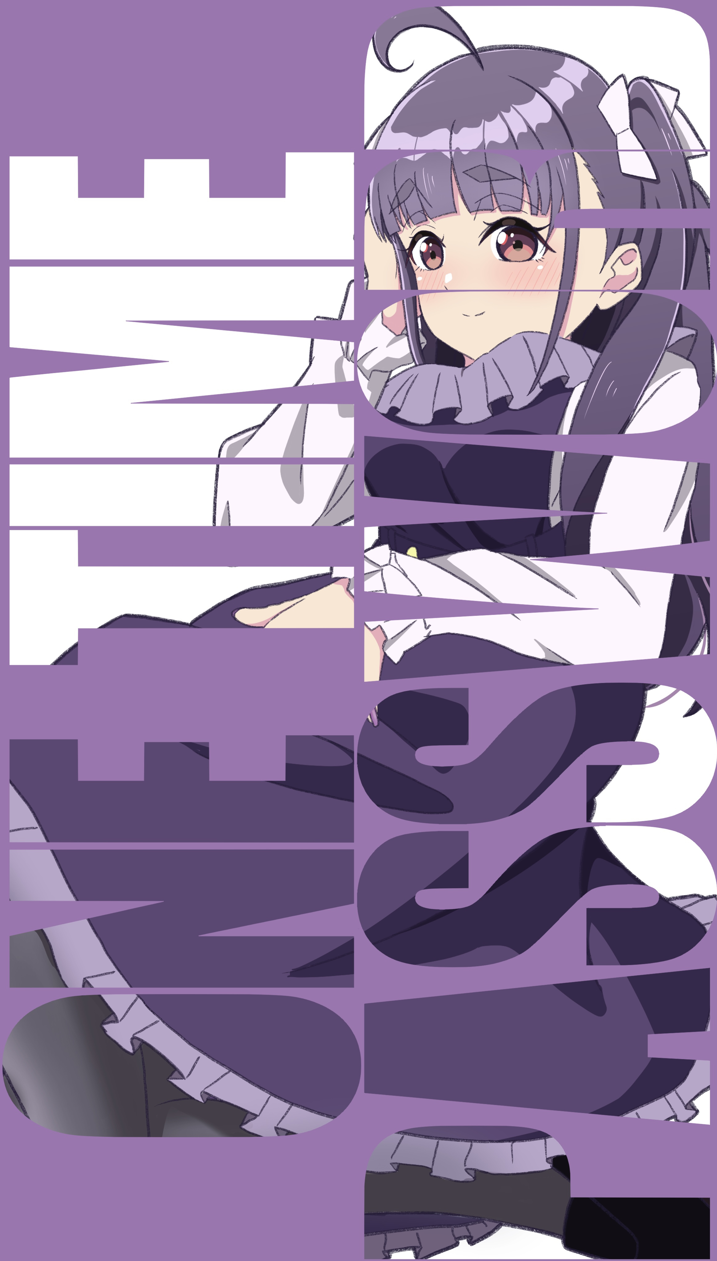 litecolors radi, chofu noriko, ikizulive! love live! bluebird, love live!, absurdres, commentary request, highres, 1girl, ahoge, black pantyhose, blunt bangs, bow, breasts, brown eyes, closed mouth, dress, english text, frilled dress, frills, hair bow, hand up, large breasts, long hair, long sleeves, medium dress, pantyhose, pinafore dress, purple dress, purple hair, shirt, sidelocks, simple background, sleeveless, sleeveless dress, smile, solo, split mouth, two side up, white background, white bow, white shirt