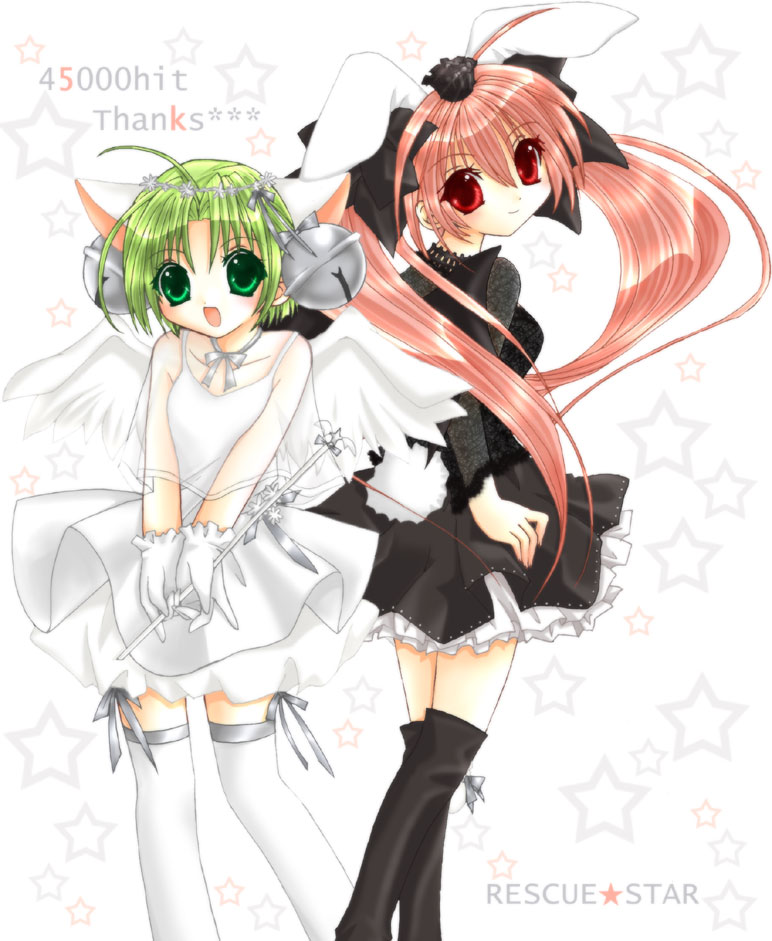 dejiko, usada hikaru, broccoli (company), di gi charat, 2girls, animal ears, cat ears, green eyes, green hair, hair ribbon, multiple girls, red eyes, red hair, ribbon, thighhighs