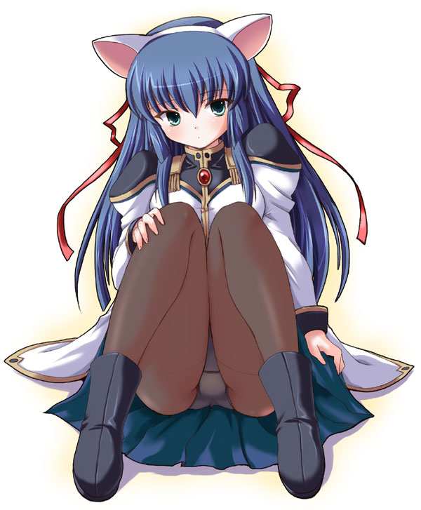 shinshin, karasuma chitose, broccoli (company), galaxy angel, 00s, 1girl, animal ears, blue hair, cat ears, female focus, green eyes, hair ribbon, long hair, panties, panties under pantyhose, pantyhose, pantyshot, ribbon, sitting, solo, underwear, upskirt