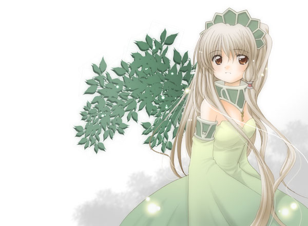 patoto, chii, chobits, silver hair, 00s, 1girl, brown eyes, collar, collarbone, detached collar, detached sleeves, dress, female focus, frills, green dress, long hair, long sleeves, looking at viewer, maid headdress, simple background, solo, white background, wide sleeves