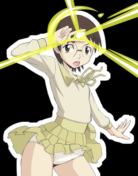caryo, nanashino, okonogi yuuko, dennou coil, beam, 00s, 1girl, brown eyes, brown hair, female focus, glasses, panties, pantyshot, school uniform, serafuku, short hair, solo, underwear