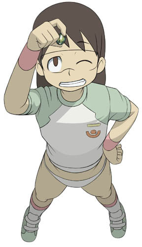 caryo, midori boushi, hashimoto fumie, dennou coil, visor, lowres, 00s, 1girl, brown eyes, brown hair, female focus, glasses, long hair, metabug, no pants, panties, raglan sleeves, shirt, solo, t-shirt, underwear