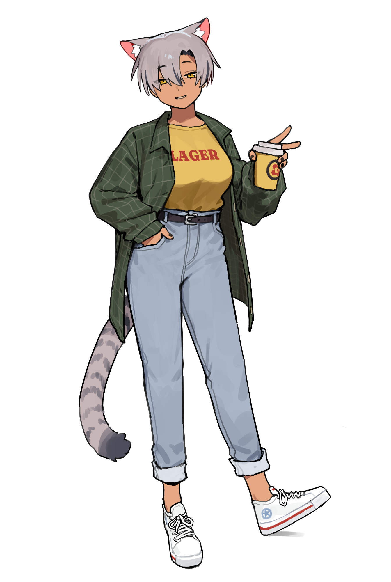 vertigris, kara (go! go! gris!), go! go! gris!, alt text, commentary, highres, making-of available, 1girl, animal ear fluff, animal ears, belt, black belt, black nails, breasts, cat ears, cat tail, clothes writing, cup, dark-skinned female, dark skin, denim, disposable cup, full body, green jacket, grey hair, hand in pocket, holding, holding cup, jacket, jeans, pants, parted lips, plaid clothes, plaid jacket, shoes, short hair, simple background, smile, sneakers, solo, tail, v, white background, white shoes, yellow eyes