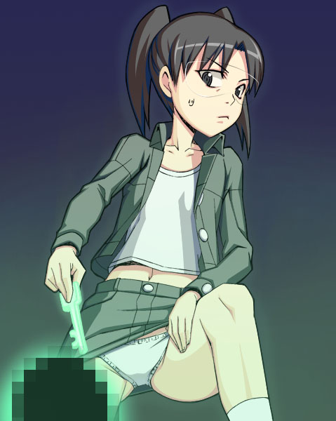 caryo, nanashino, amasawa yuuko, dennou coil, 00s, 1girl, brown eyes, brown hair, clothes lift, female focus, glasses, jacket, key, miniskirt, panties, pantyshot, pencil skirt, skirt, skirt lift, solo, tank top, twintails, underwear, upskirt