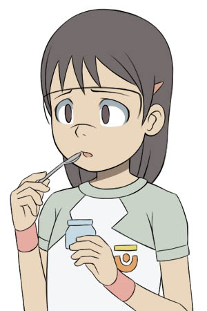 caryo, midori boushi, hashimoto fumie, dennou coil, visor, lowres, 00s, 1girl, brown eyes, brown hair, female focus, glasses, holding, holding spoon, long hair, raglan sleeves, shirt, solo, spoon, t-shirt