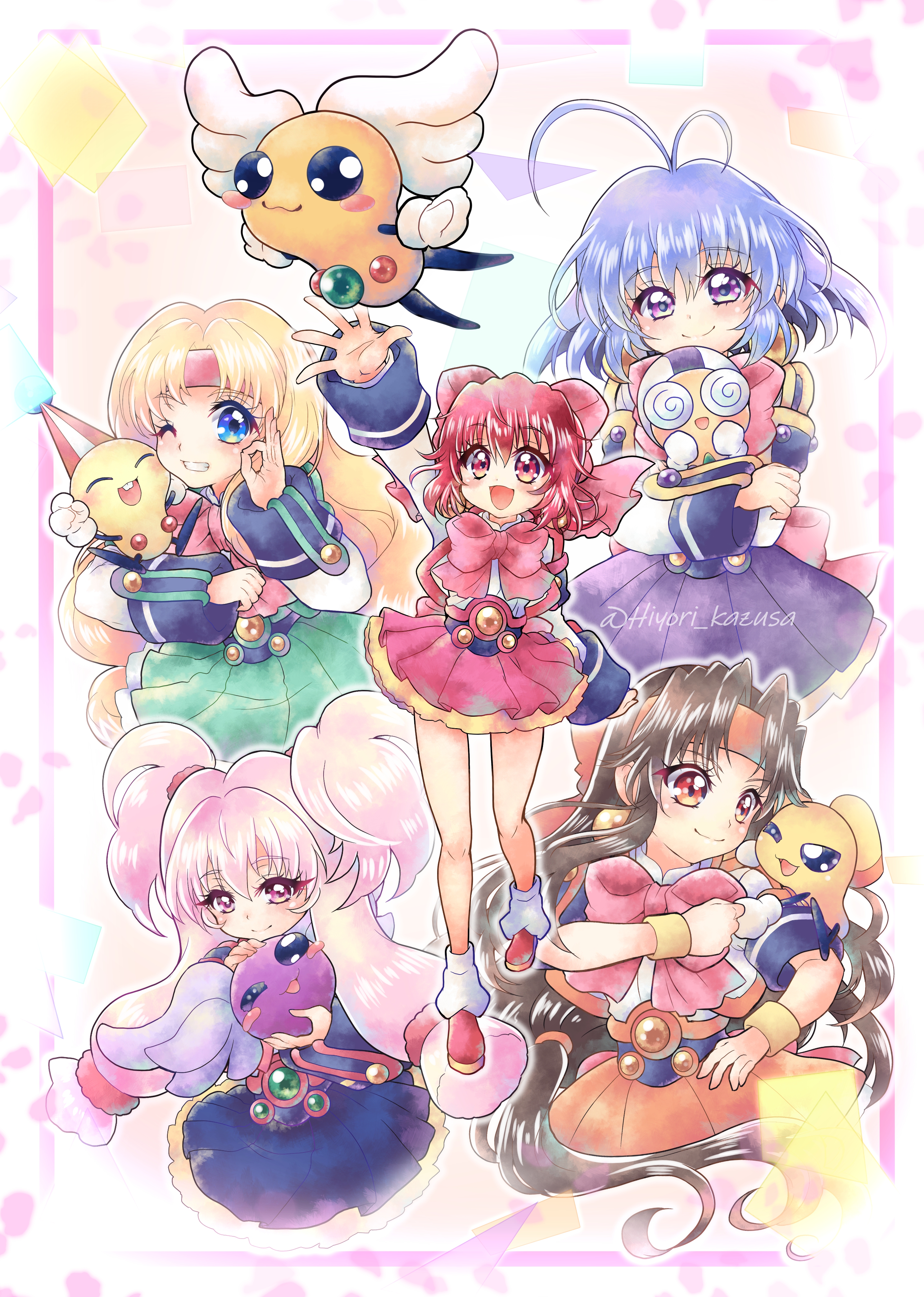 kazusa hiyori, densuke (akihabara dennou gumi), francesca (akihabara dennou gumi), hanakoganei hibari, higashijuujou tsugumi, ootorii tsubame, otorii tsubame, petit ange, sakurajosui suzume, sengakuji kamome, tetsurou (akihabara dennou gumi), akihabara dennou gumi, absurdres, highres, 5girls, antenna hair, belt, biriken (akihabara dennou gumi), black hair, blonde hair, blue eyes, bow, creature, earrings, hair bow, headband, jewelry, long hair, looking at viewer, low-tied sidelocks, multiple girls, open mouth, orange headband, patapi (creature), pink bow, pink headband, pleated skirt, purple eyes, purple hair, red eyes, red hair, school uniform, short hair, sidelocks, skirt, smile, sphere earrings, twintails