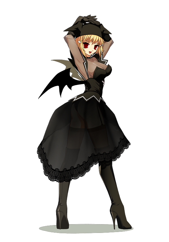 succubus (mabinogi), mabinogi, 1girl, blonde hair, breasts, cleavage, demon girl, female focus, gloves, high heels, pantyhose, red eyes, see-through clothes, shoes, solo, wings