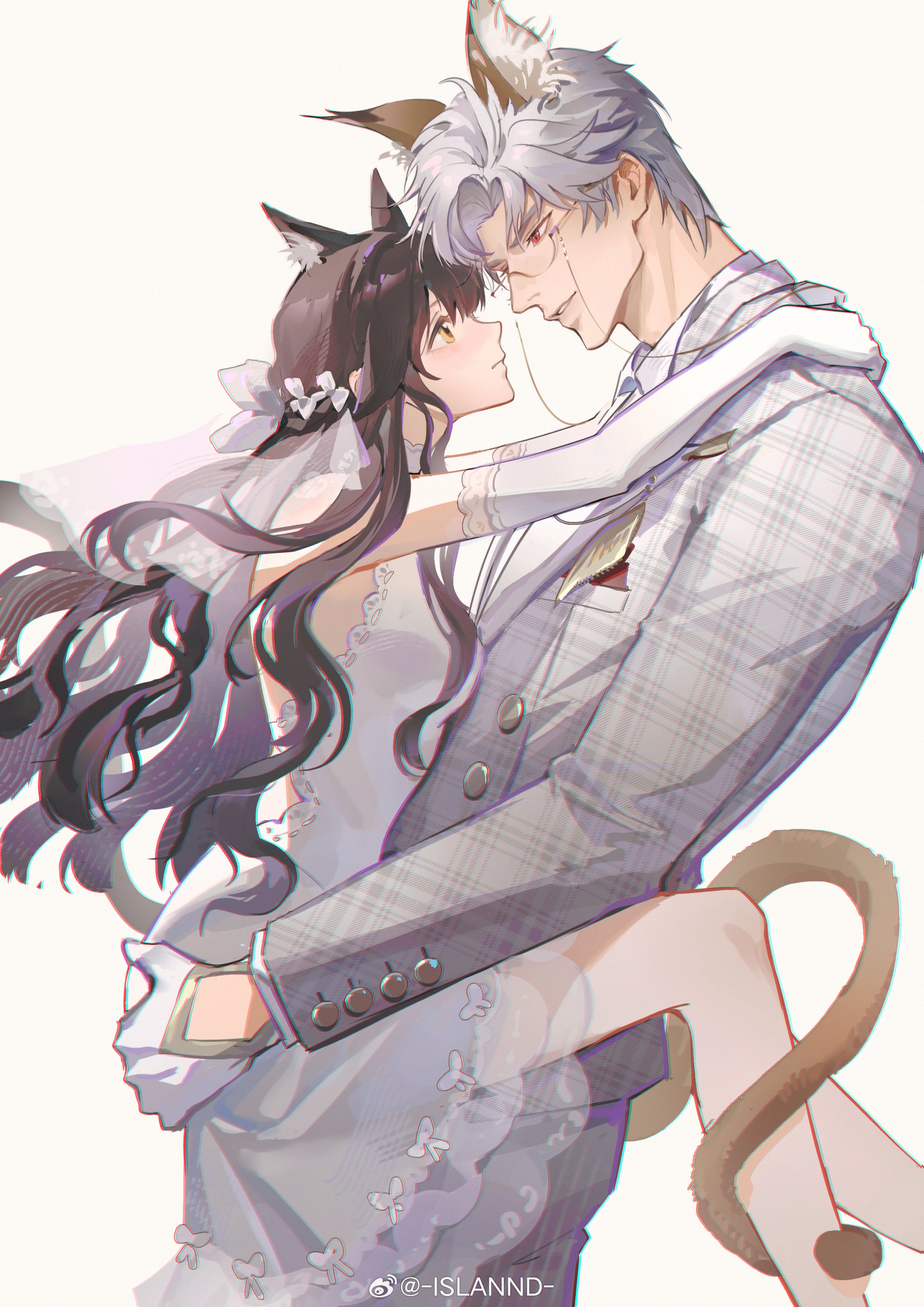 calla10, protagonist (love and deepspace), sylus (love and deepspace), love and deepspace, absurdres, highres, 1boy, 1girl, animal ear fluff, animal ears, bilibili username, brown eyes, brown hair, carrying, carrying person, cat ears, cat girl, cat tail, couple, cowboy shot, dress, eye contact, formal clothes, from side, glasses, gloves, hetero, jacket, kemonomimi mode, long hair, looking at another, red eyes, short hair, simple background, smile, suit, suit jacket, suit pants, tail, veil, wedding, wedding dress, white background, white dress, white gloves, white hair, white suit
