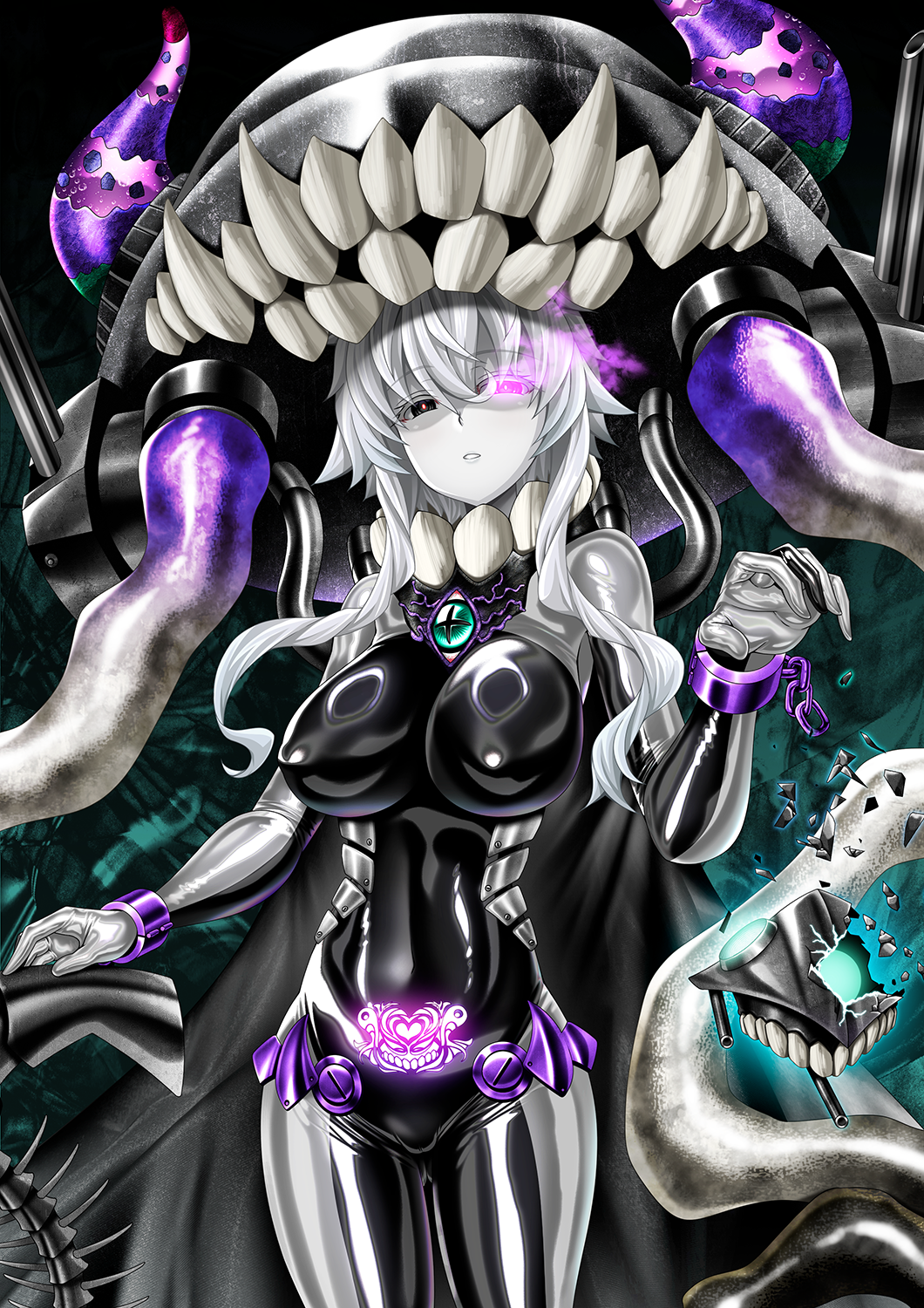 militia minpei, wo-class aircraft carrier, kantai collection, highres, 1girl, abyssal ship, adapted costume, black eyes, bodysuit, breasts, brooch, chain, cuffs, extra eyes, glowing, glowing eyes, hat, horns, jewelry, large breasts, latex, latex bodysuit, looking at viewer, looking to the side, open mouth, pale skin, pink eyes, pubic tattoo through clothing, shackles, sharp teeth, short hair with long locks, solo, teeth, white hair