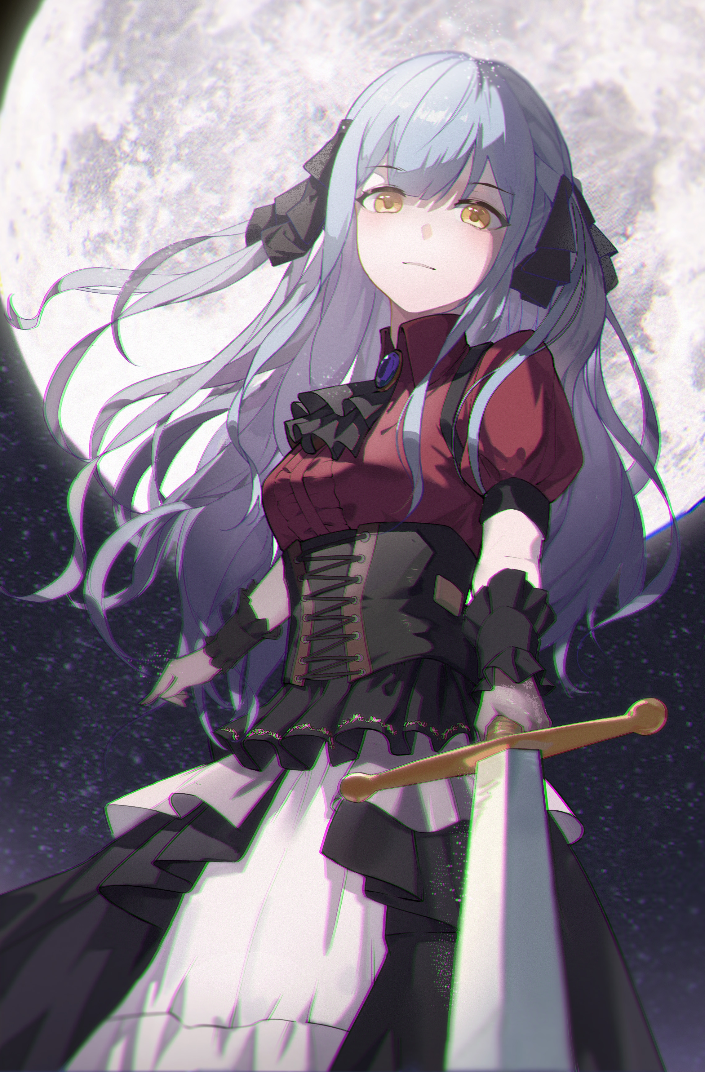 oblivionis (bang dream!), togawa sakiko, bang dream!, bang dream! it's mygo!!!!!, absurdres, commentary request, highres, second-party source, ascot, black ascot, black corset, black ribbon, blue hair, brooch, chromatic aberration, closed mouth, corset, full moon, ganle kanra312, hair ribbon, holding, holding sword, holding weapon, jewelry, long hair, looking at viewer, moon, night, puffy short sleeves, puffy sleeves, ribbon, short sleeves, skirt, sword, weapon, yellow eyes
