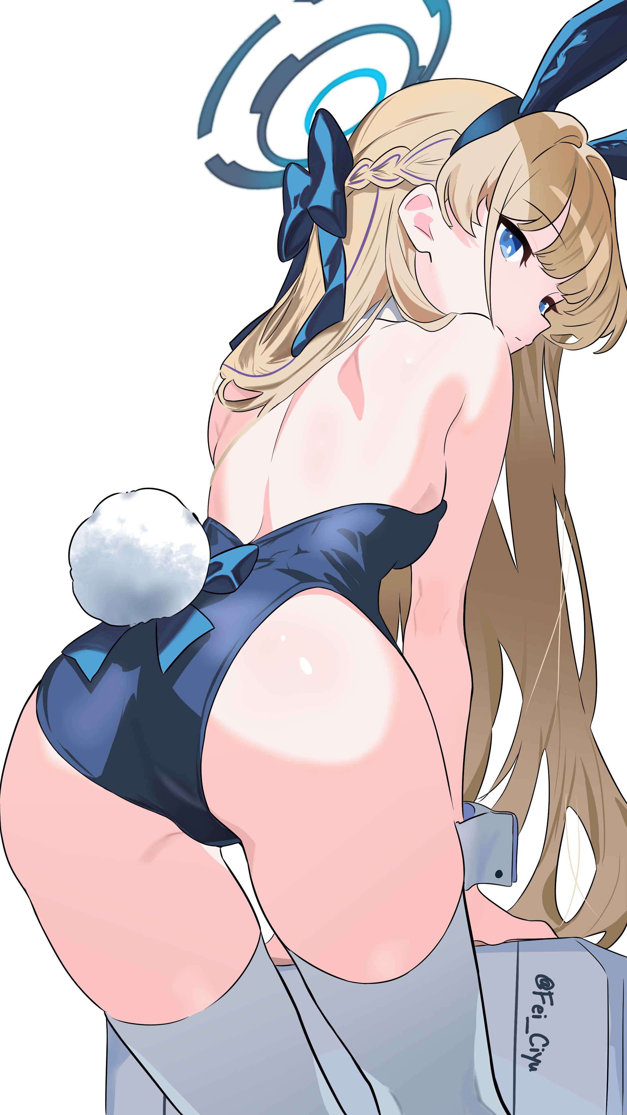 fei ciyu, toki (blue archive), toki (bunny) (blue archive), blue archive, absurdres, commentary, english commentary, highres, 1girl, animal ears, ass, back, bare back, blonde hair, blue bow, blue halo, blue leotard, bow, breasts, fake animal ears, from behind, hair bow, halo, leotard, long hair, looking at viewer, looking back, medium breasts, official alternate costume, rabbit ears, rabbit tail, solo, tail, thighhighs, twitter username, white thighhighs
