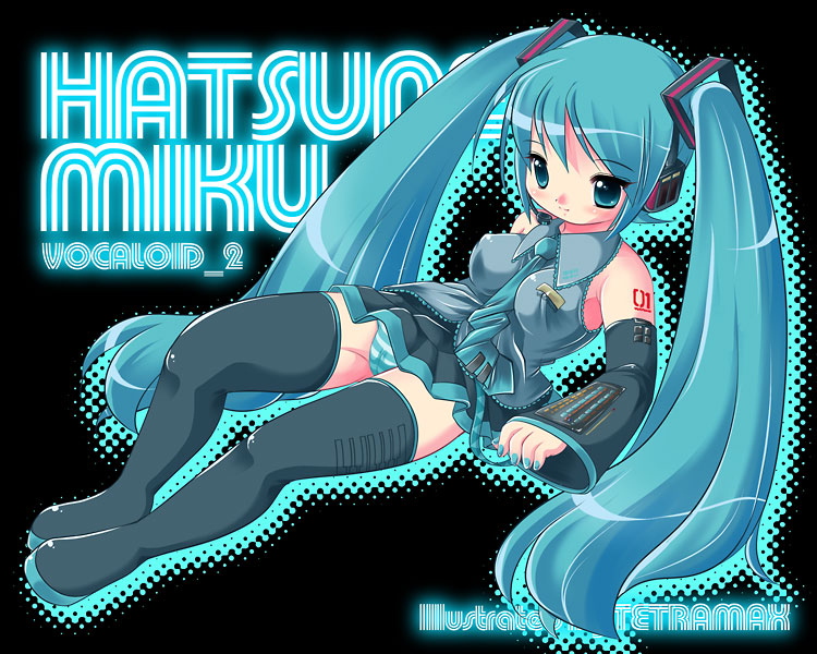 tetramax, hatsune miku, vocaloid, 1girl, blue eyes, blue hair, breasts, cameltoe, covered erect nipples, female focus, long hair, matching hair/eyes, medium breasts, nail polish, panties, pantyshot, solo, striped clothes, striped panties, thighhighs, twintails, underwear, very long hair