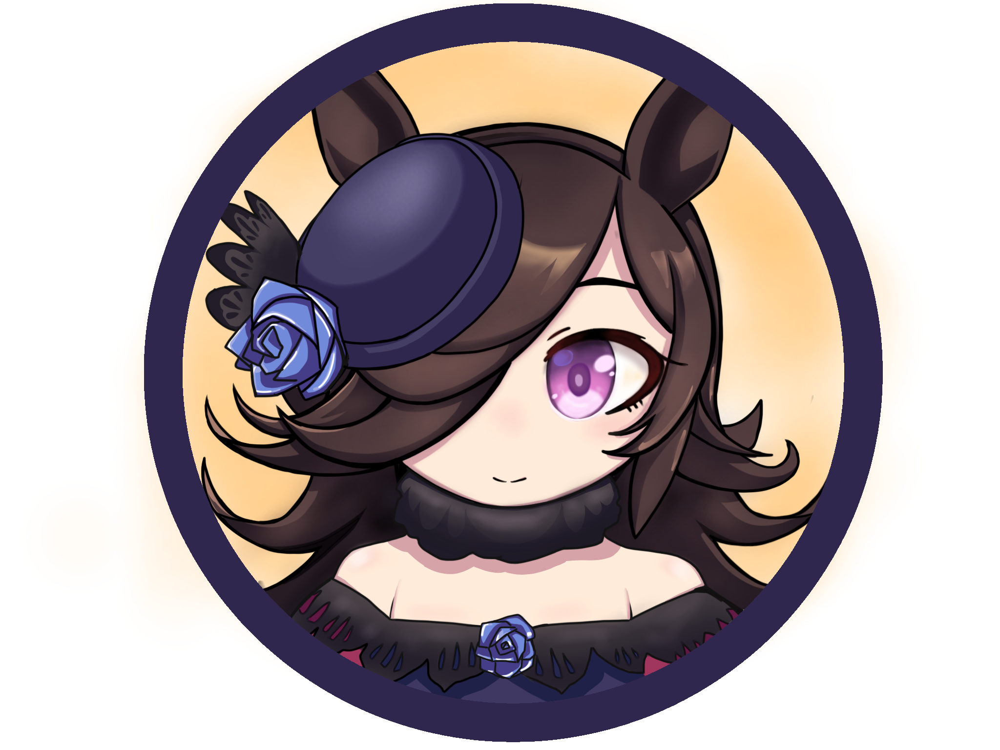 tomimon, rice shower (umamusume), umamusume, commentary request, highres, 1girl, animal ears, blue dress, blue flower, blue hat, blue rose, blush, brown background, brown hair, closed mouth, dress, flower, hair over one eye, hat, hat flower, horse ears, long hair, looking at viewer, off-shoulder dress, off shoulder, purple eyes, rose, round image, smile, solo, tilted headwear, white background