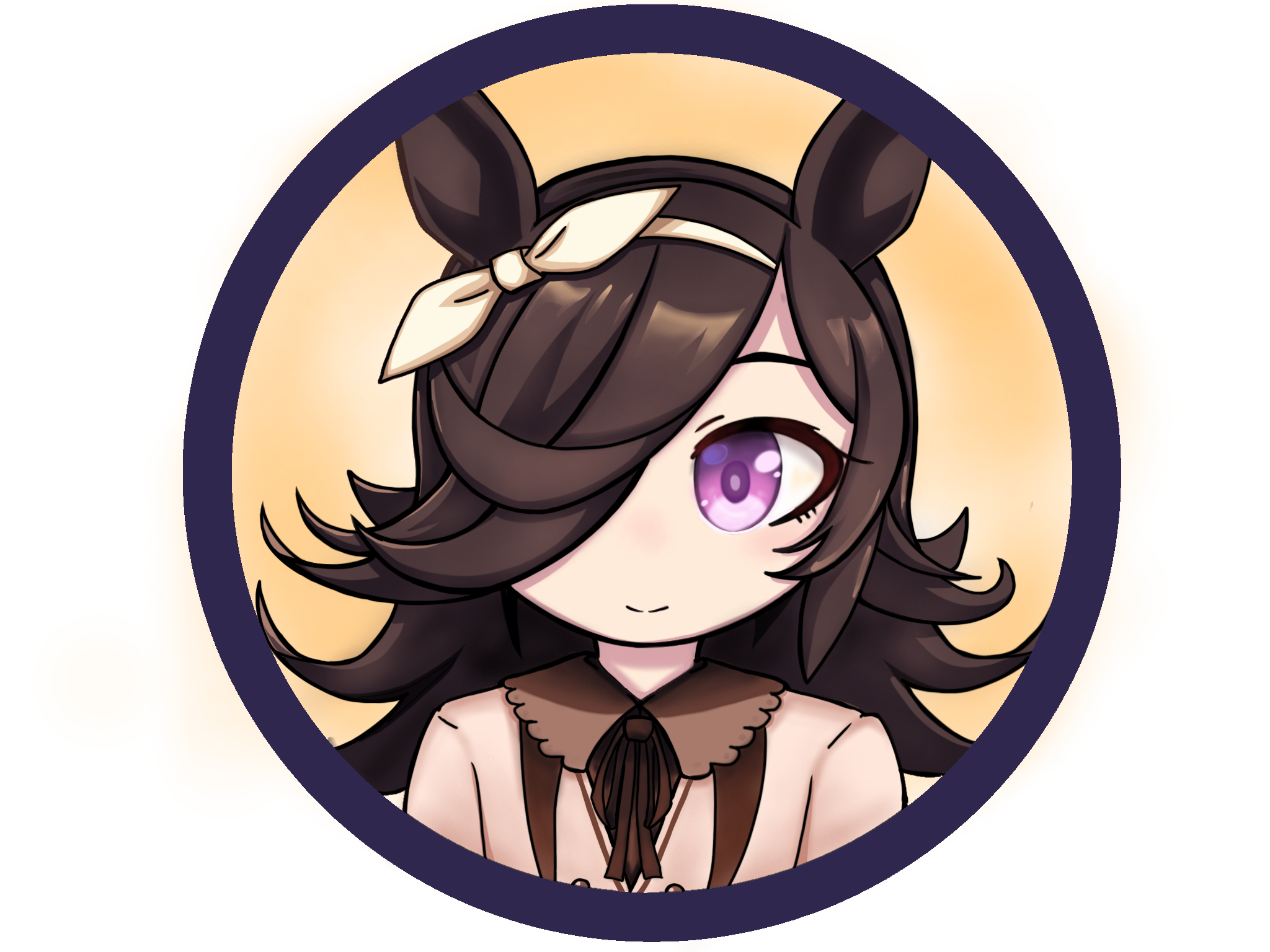 tomimon, rice shower (umamusume), umamusume, commentary request, highres, 1girl, animal ears, brown background, brown dress, brown hair, brown ribbon, closed mouth, collared dress, dress, hair over one eye, hair ribbon, hairband, horse ears, long hair, looking at viewer, neck ribbon, purple eyes, ribbon, round image, smile, solo, upper body, white background, white hairband, white ribbon