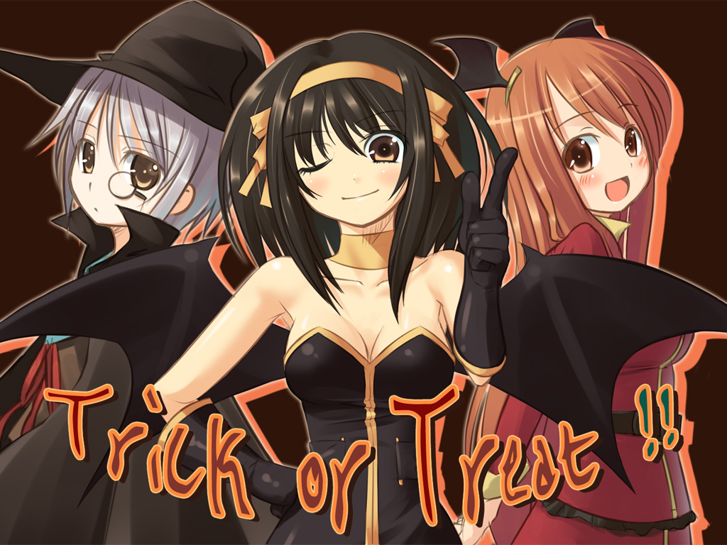 kakaon, asahina mikuru, nagato yuki, suzumiya haruhi, suzumiya haruhi no yuuutsu, silver hair, 00s, 3girls, bat wings, brown eyes, brown hair, cape, halloween, hat, long hair, monocle, multiple girls, one eye closed, short hair, trick or treat, vampire, wings, wink, witch hat
