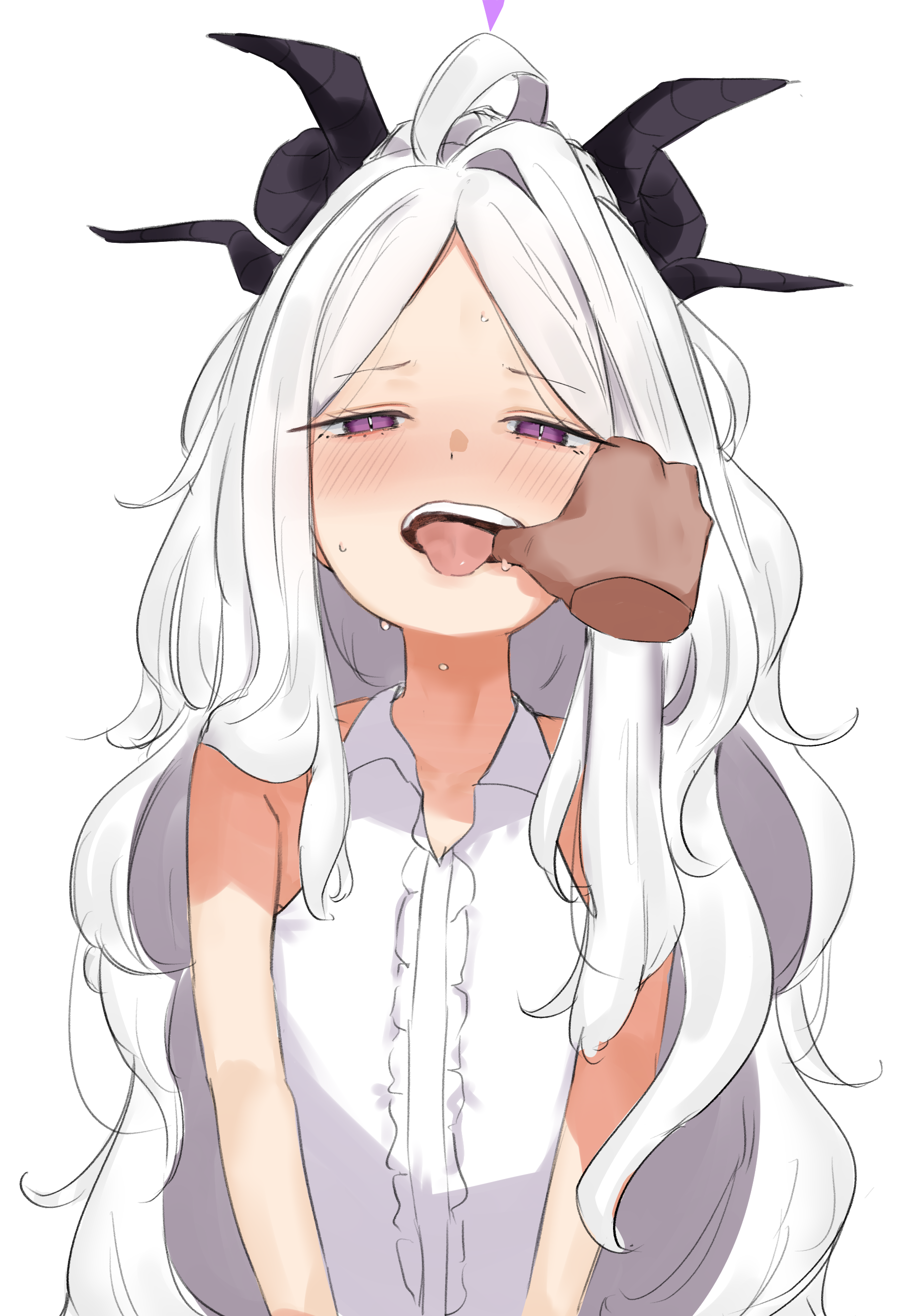 showtime775, hina (blue archive), blue archive, absurdres, highres, 1boy, 1girl, blush, center frills, finger in another's mouth, frills, long hair, looking at viewer, mouth pull, pov, pov hands, purple eyes, solo focus, tongue, tongue out, white hair
