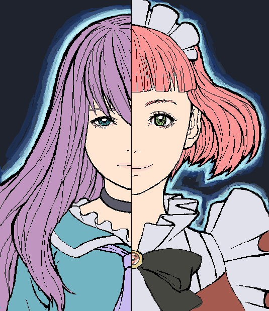 cpt, ikeda (cpt), himeno fumi, kazahana mashiro, my-hime, 00s, 2girls, blue eyes, choker, green eyes, long hair, maid, multiple girls, oekaki, pink hair, purple hair, short hair, split screen, split theme