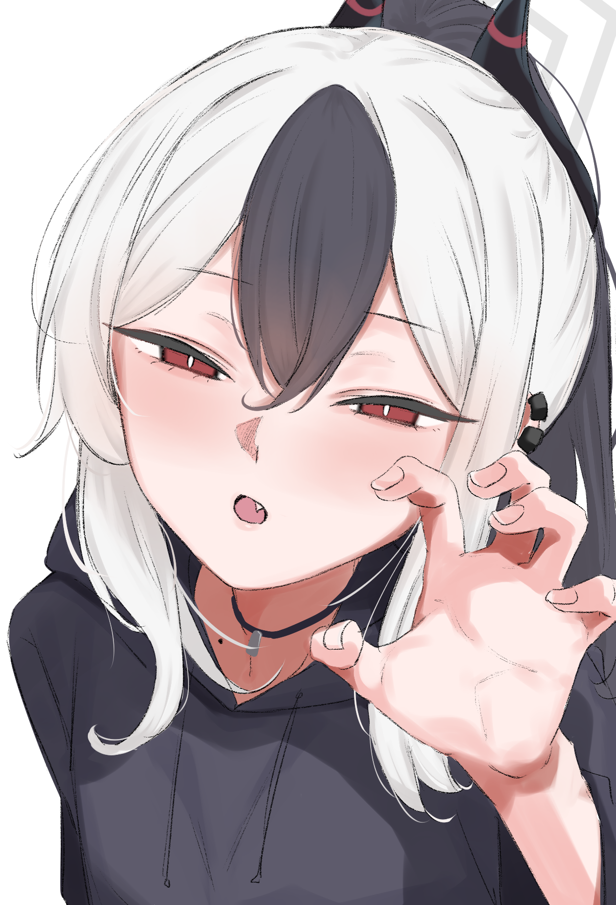 showtime775, kayoko (blue archive), blue archive, highres, black hair, blush, breasts, demon girl, demon horns, fang, gao, halo, horns, long hair, mole, mole on neck, multicolored hair, open mouth, red eyes, small breasts, two-tone hair, white hair
