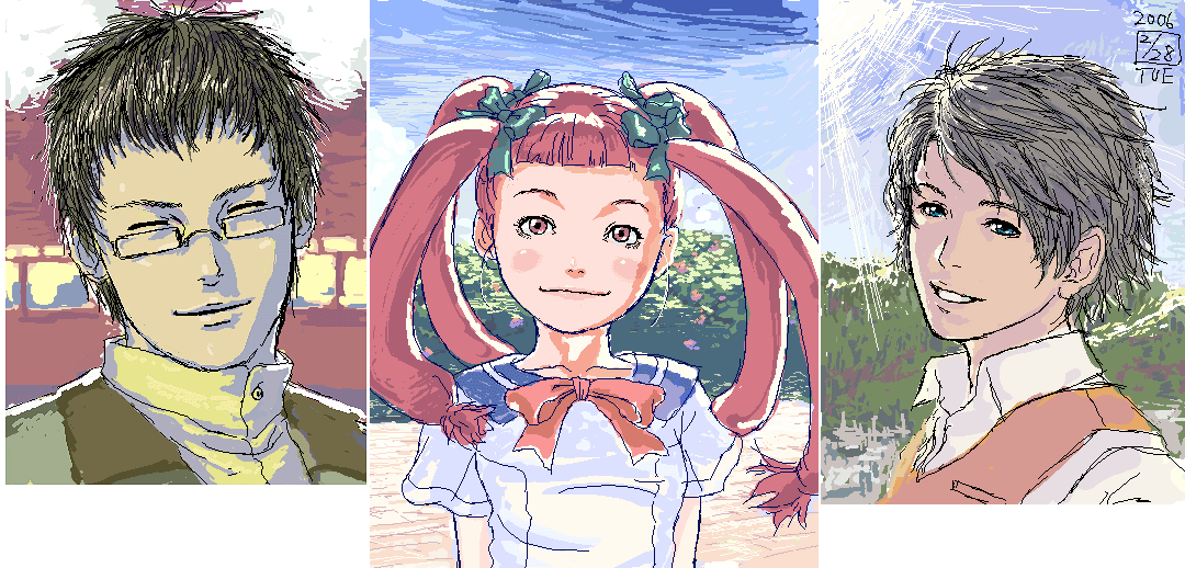 cpt, ikeda (cpt), ishigami wataru, kurauchi kazuya, munakata shiho, my-hime, 00s, 1girl, 2boys, blue eyes, brown hair, closed eyes, glasses, hair bow, multiple boys, multiple hair bows, oekaki, pink eyes, pink hair, quad tails, ribbon, school uniform, serafuku, short hair