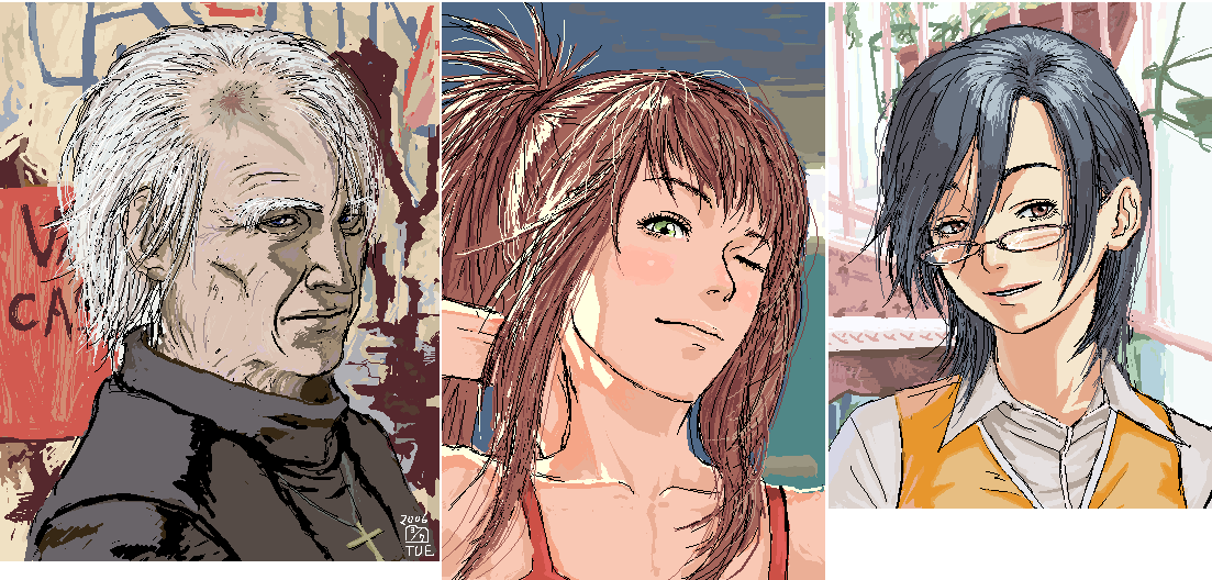 cpt, ikeda (cpt), harada chie, joseph greer, sugiura midori, my-hime, silver hair, 00s, 1boy, 2girls, black hair, brown eyes, brown hair, cassock, collarbone, cross, glasses, green eyes, latin cross, long hair, multiple girls, oekaki, old, old man, one eye closed, ponytail, priest, school uniform, senior, serafuku, short hair, wink