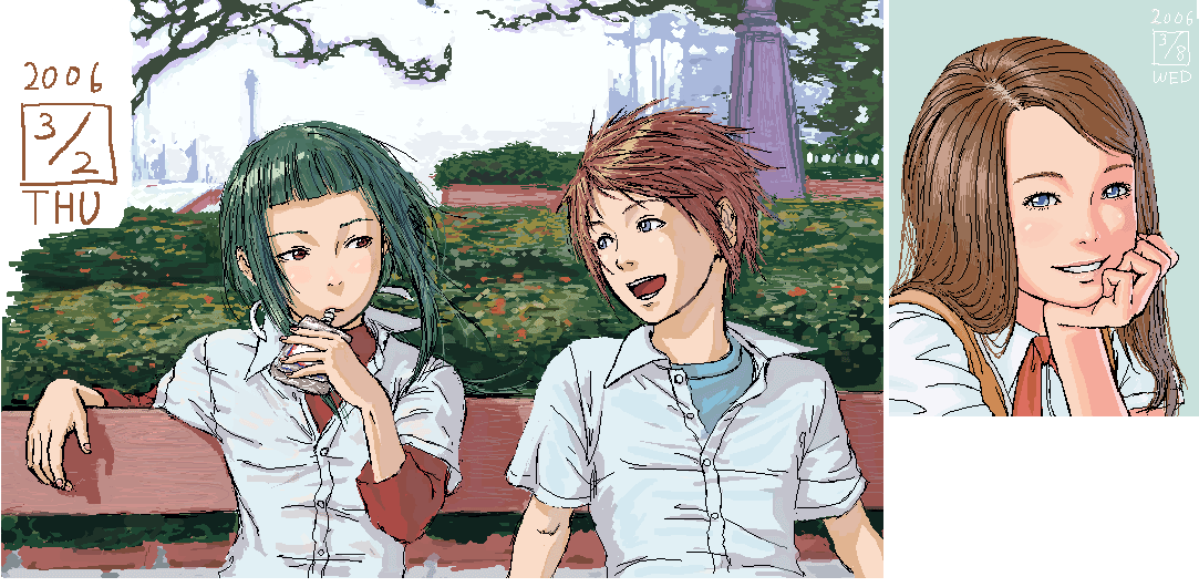 cpt, ikeda (cpt), okuzaki akira, senou aoi, tokiha takumi, my-hime, gender request, 00s, androgynous, bench, blue eyes, brown eyes, brown hair, crossdressing, green hair, long hair, oekaki, reverse trap, school uniform, serafuku, short hair