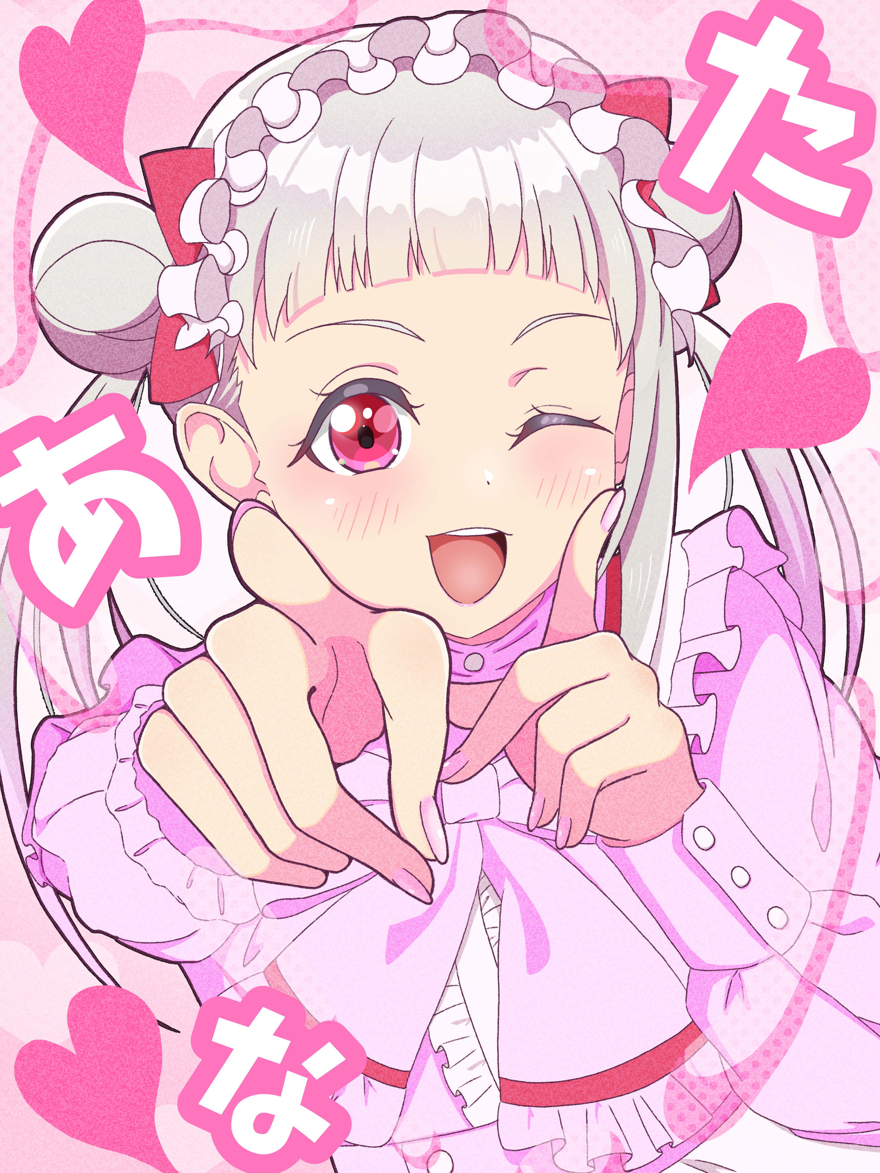 litecolors radi, arashi chisato, love live!, love live! superstar!!, absurdres, commentary request, highres, 1girl, ;d, ai scream! (love live!), arched bangs, bow, bowtie, center frills, double bun, frills, hair bun, heart, long hair, long sleeves, looking at viewer, one eye closed, open mouth, pink bow, pink bowtie, pink eyes, pointing, pointing at viewer, sidelocks, smile, solo, teeth, twintails, upper body, upper teeth only, white hair