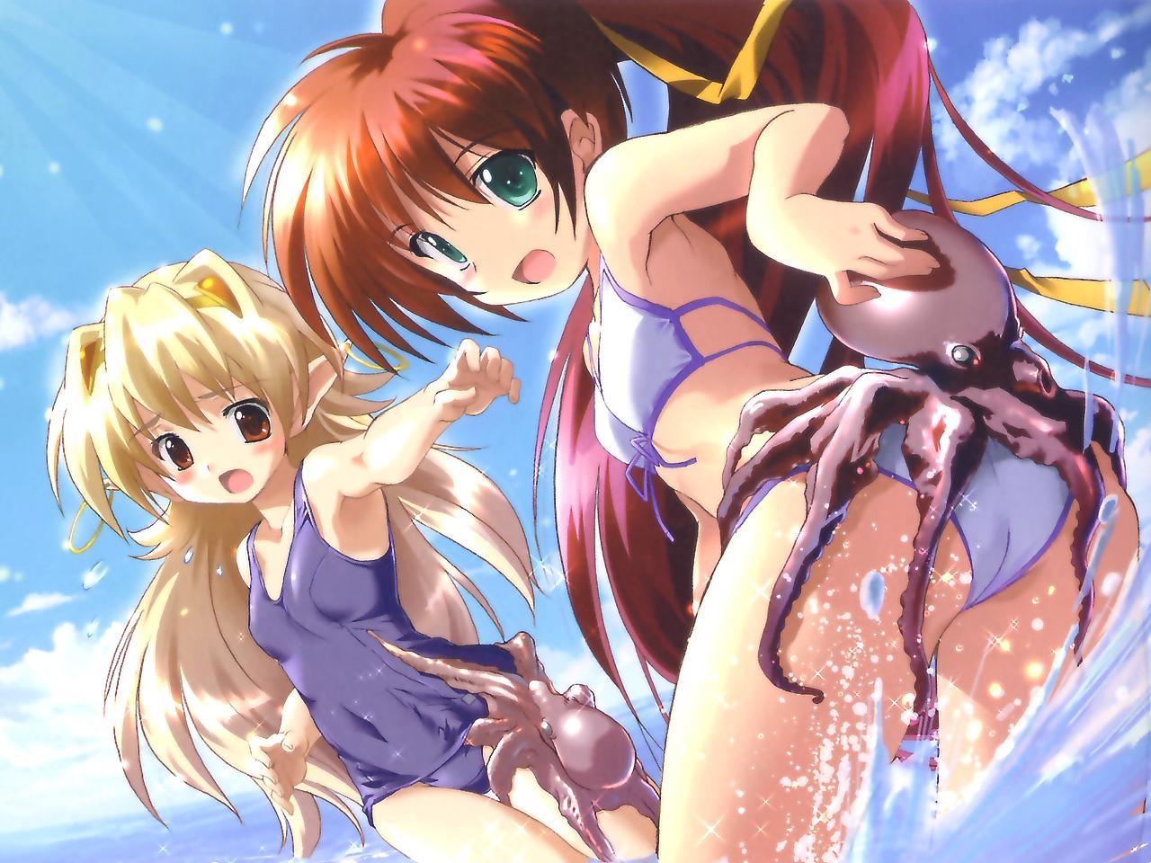 komatsu eiji, elincie yerthrop, nanoca flanka, aoi sora no neosphere, ass grab, jpeg artifacts, 2girls, :o, animal ears, aqua eyes, armpits, ass, bikini, blonde hair, blue one-piece swimsuit, blush, breasts, cloud, covered navel, cowboy shot, day, dutch angle, earrings, from side, front-tie bikini top, front-tie top, gradient hair, hair ornament, hair ribbon, high ponytail, hoop earrings, jewelry, leaning forward, long hair, long pointy ears, looking at viewer, looking back, looking down, multicolored hair, multiple girls, ocean, octopus, one-piece swimsuit, outdoors, outstretched arm, pointy ears, ponytail, raised eyebrows, red eyes, red hair, ribbon, school swimsuit, sky, small breasts, sparkle, splashing, string bikini, surprised, swimsuit, tentacles, thigh gap, thigh grab, very long hair, wading, water, white bikini