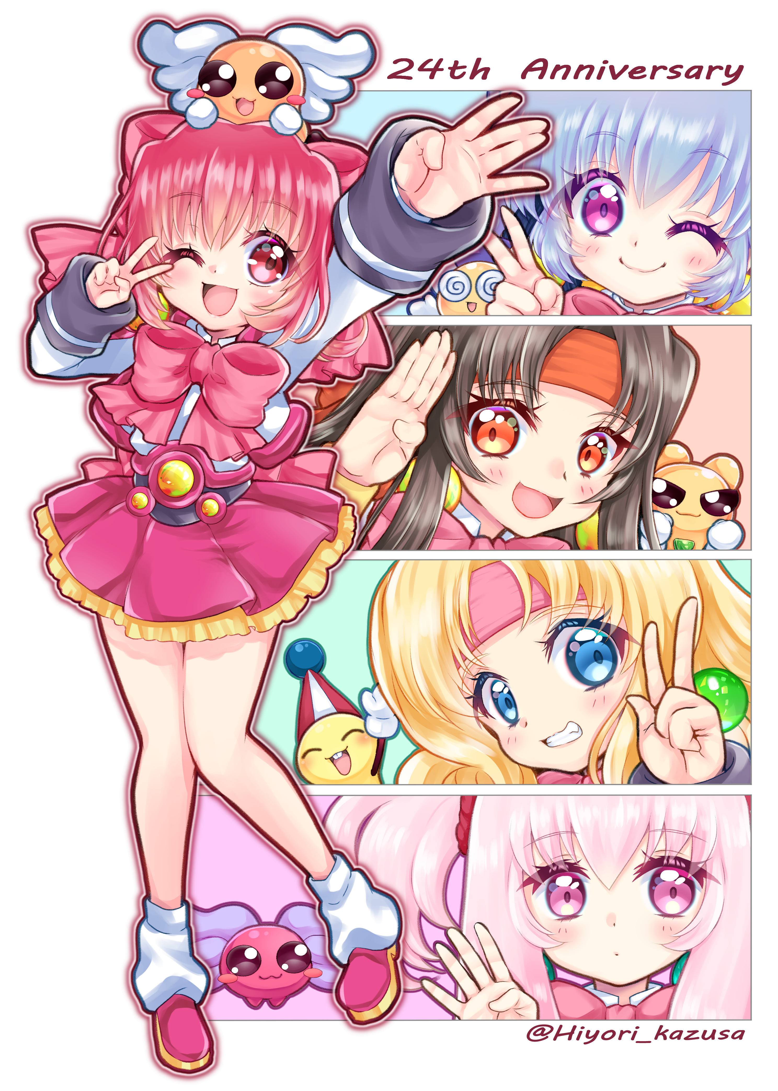 kazusa hiyori, densuke (akihabara dennou gumi), francesca (akihabara dennou gumi), hanakoganei hibari, higashijuujou tsugumi, ootorii tsubame, otorii tsubame, petit ange, sakurajosui suzume, sengakuji kamome, tetsurou (akihabara dennou gumi), akihabara dennou gumi, absurdres, highres, 5girls, biriken (akihabara dennou gumi), black hair, blonde hair, blue eyes, bow, creature, earrings, hair bow, headband, jewelry, long hair, looking at viewer, low-tied sidelocks, multiple girls, open mouth, orange headband, patapi (creature), pink bow, pink headband, purple eyes, purple hair, red eyes, red hair, school uniform, short hair, sidelocks, smile, sphere earrings, twintails