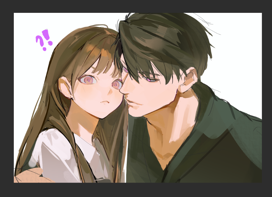 qi xia, caleb (love and deepspace), protagonist (love and deepspace), love and deepspace, !?, 1boy, 1girl, black hair, black shirt, brown hair, closed mouth, couple, frown, hetero, hug from side, light blush, pink eyes, shirt, short hair, simple background, swept bangs, very short hair, white background