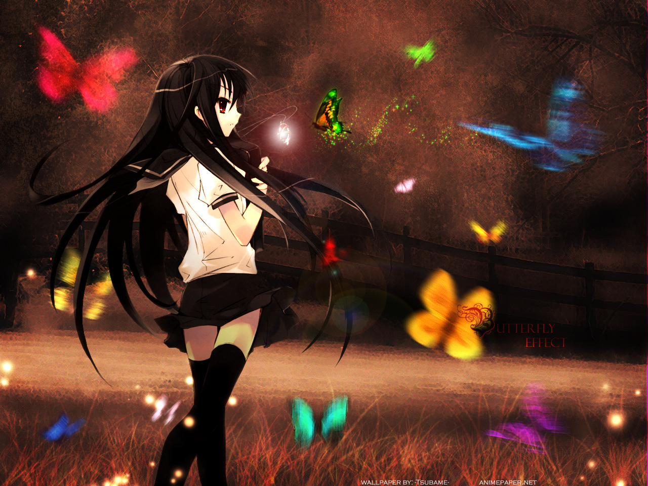 kantoku, alastor (shakugan no shana), shana, shakugan no shana, 00s, 1girl, black hair, black skirt, bug, butterfly, female focus, insect, school uniform, serafuku, skirt, solo, thighhighs
