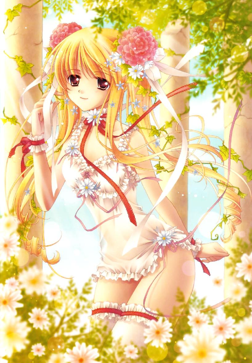 nishiwaki yuuri, 1girl, blonde hair, brown eyes, fantasy, female focus, flower, hair ribbon, ribbon, solo, twintails