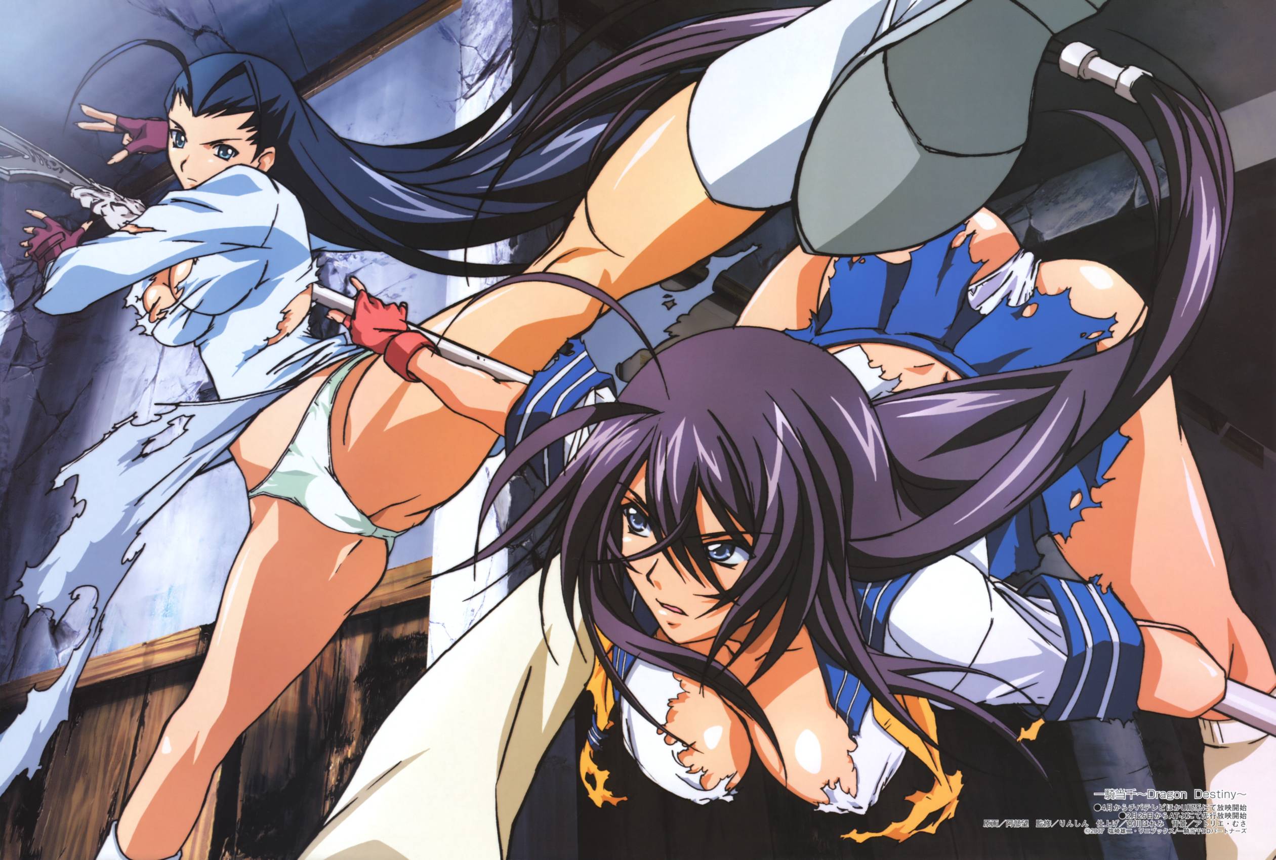abe nozomu, kakouen myousai, kan'u unchou, ikkitousen, ikkitousen dragon destiny, megami magazine, untied, white legwear, highres, official art, scan, 2girls, :o, ahoge, antenna hair, ass, back, battle, bent over, black hair, blue eyes, boots, breasts, china dress, chinese clothes, cleavage, clothes lift, dimples of venus, down blouse, dress, dress lift, eye contact, fighting, fighting stance, fingerless gloves, foreshortening, gloves, hair between eyes, hair tubes, hanging breasts, high kick, indoors, kicking, kneehighs, large breasts, legs, long hair, looking at another, loose socks, midriff, miniskirt, multiple girls, necktie, no bra, open clothes, open mouth, open shirt, panties, pantyshot, payot, pleated skirt, polearm, ponytail, purple hair, school uniform, serafuku, shirt, skirt, socks, spread legs, thong, torn clothes, underwear, very long hair, weapon, white panties, wind, wind lift