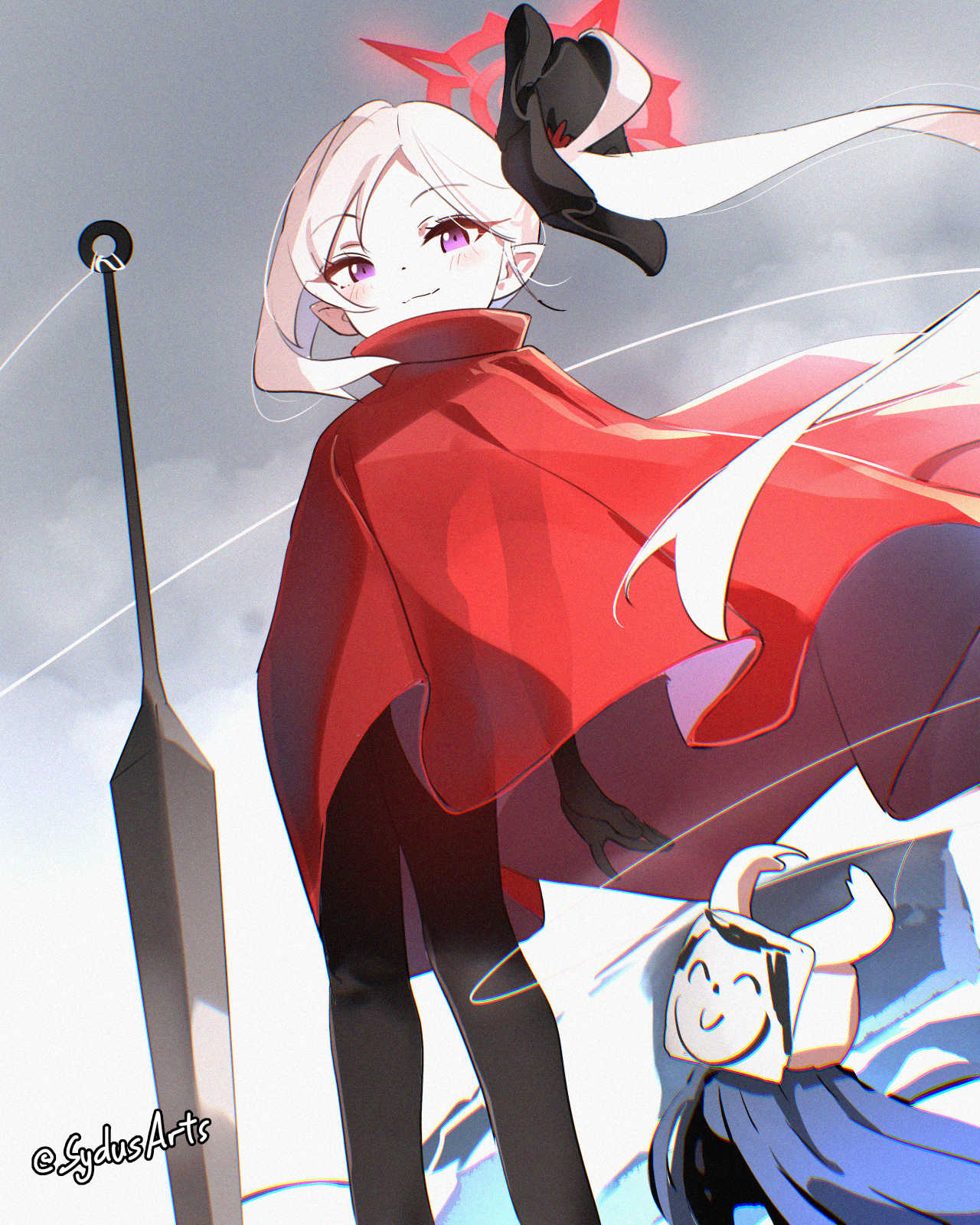 sydus, doodle sensei (blue archive), hornet (hollow knight), knight (hollow knight), mutsuki (blue archive), sensei (blue archive), blue archive, hollow knight, hollow knight: silksong, black bodystocking, commentary, english commentary, highres, variant set, 1girl, 1other, artist name, bodystocking, cape, character mask, cosplay, flower, hair flower, hair ornament, halo, hornet (hollow knight) (cosplay), knight (hollow knight) (cosplay), long hair, mask, needle (hollow knight), pointy ears, purple eyes, red cape, red halo, side ponytail, smile, string, twitter username, white hair