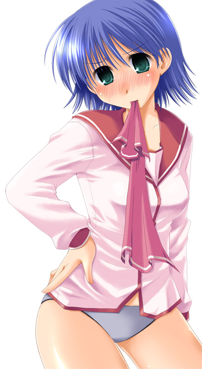tonami yuma, to heart (series), to heart 2, 00s, 1girl, blue hair, blush, female focus, green eyes, panties, pantyshot, school uniform, serafuku, solo, underwear