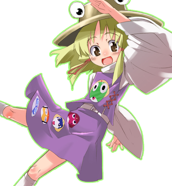 gengorou, dororo, dororo (keroro gunsou), giroro, keroro, kururu (keroro gunsou), moriya suwako, tamama, keroro gunsou, touhou, 1girl, animal print, arms up, belt, blonde hair, brown eyes, dress, extra eyes, female focus, frog print, hat, long sleeves, looking at viewer, purple dress, short hair, simple background, solo, sweater, white background