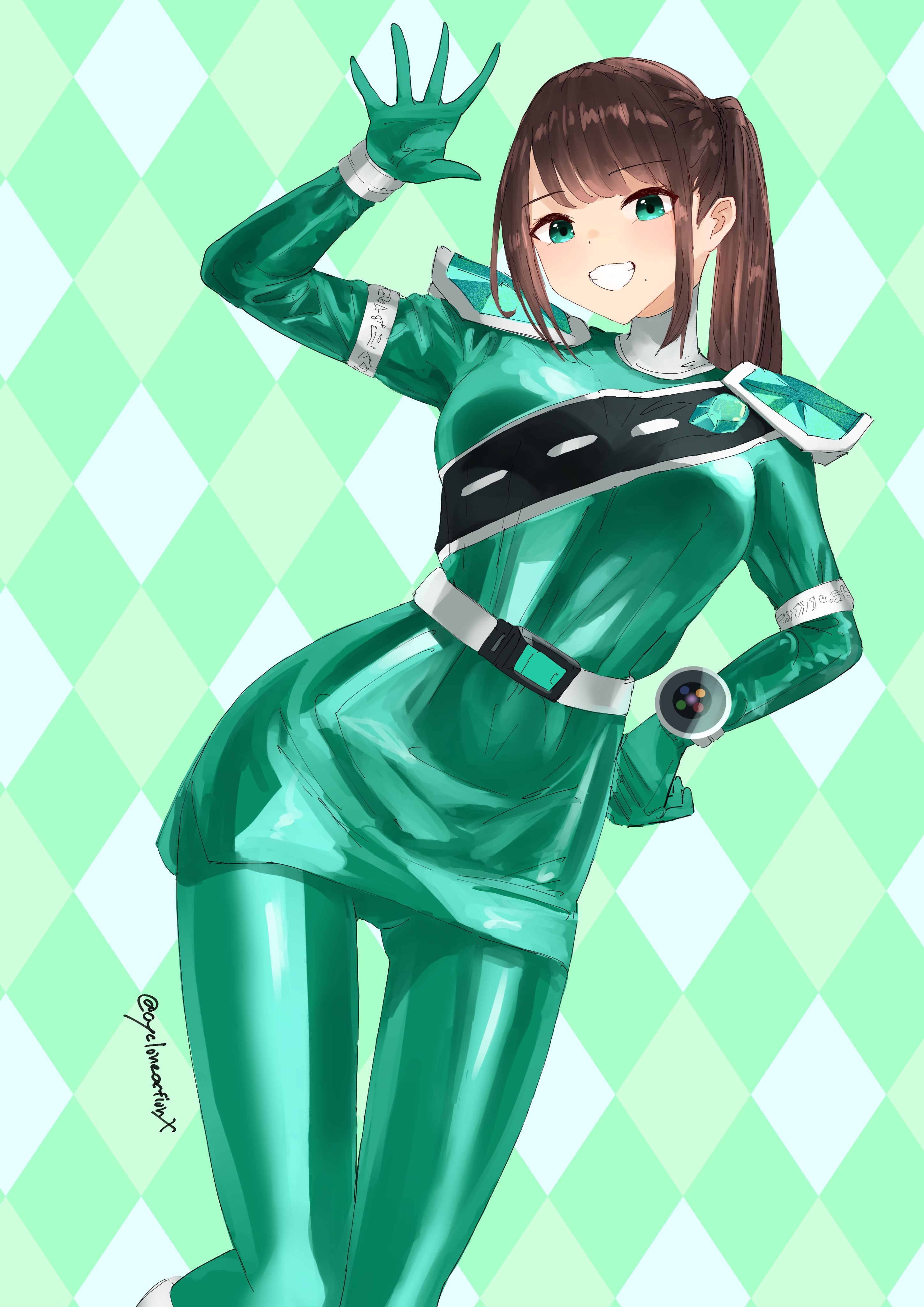 cycloneactionx, hayami sena, kiramei green, mashin sentai kiramager, super sentai, absurdres, commentary, highres, 1girl, :d, animification, argyle background, arm up, artist name, belt, belt buckle, bodysuit, breasts, brown hair, buckle, cowboy shot, curled fingers, elbow gloves, gloves, green background, green bodysuit, green eyes, green gloves, green skirt, green theme, grin, hand on own hip, high collar, knees together feet apart, long hair, looking at viewer, medium breasts, mole, mole under mouth, no headwear, open hand, open mouth, ponytail, shoulder pads, side ponytail, silver belt, silver trim, skin tight, skirt, smile, solo, spread fingers, swept bangs, tokusatsu, twitter username, waving