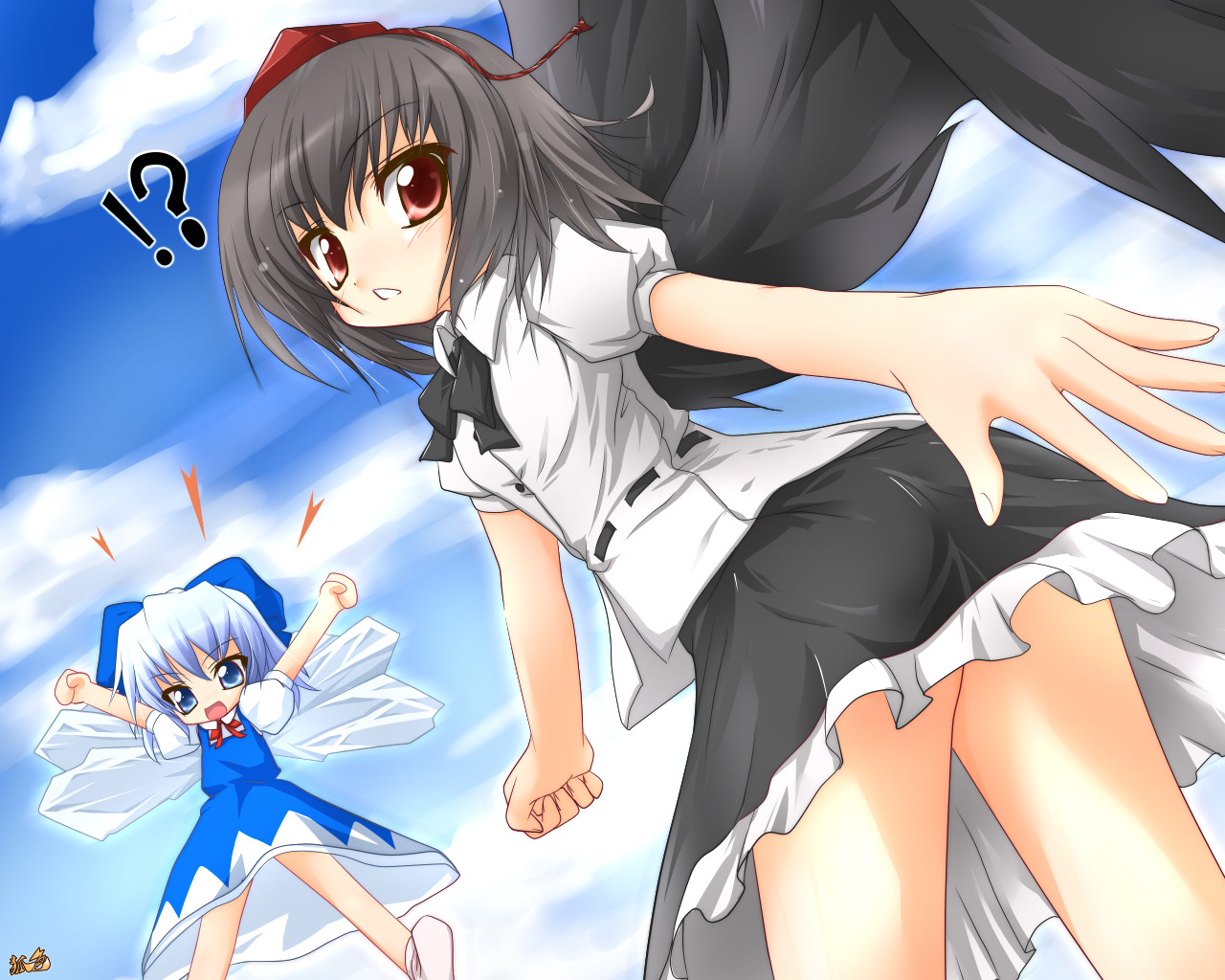 kazami karasu, cirno, shameimaru aya, touhou, white legwear, !?, 2girls, :d, arms up, black hair, black ribbon, black skirt, black wings, blue bow, blue eyes, blue hair, bow, buttons, cloud, day, dress, female focus, from behind, hair bow, hat, ice, ice wings, multiple girls, neck ribbon, open mouth, puffy short sleeves, puffy sleeves, red eyes, red ribbon, ribbon, ribbon-trimmed shirt, ribbon trim, shirt, short hair, short sleeves, skirt, skirt set, smile, socks, teeth, tokin hat, white shirt, wings