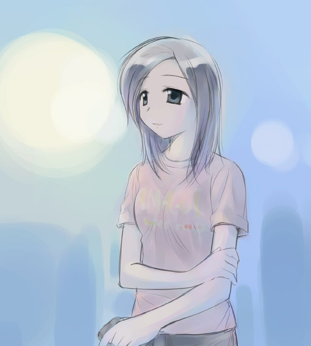 ikeda jun (mizutamari), original, 1girl, blue eyes, blue hair, female focus, matching hair/eyes, shirt, simple background, solo, t-shirt