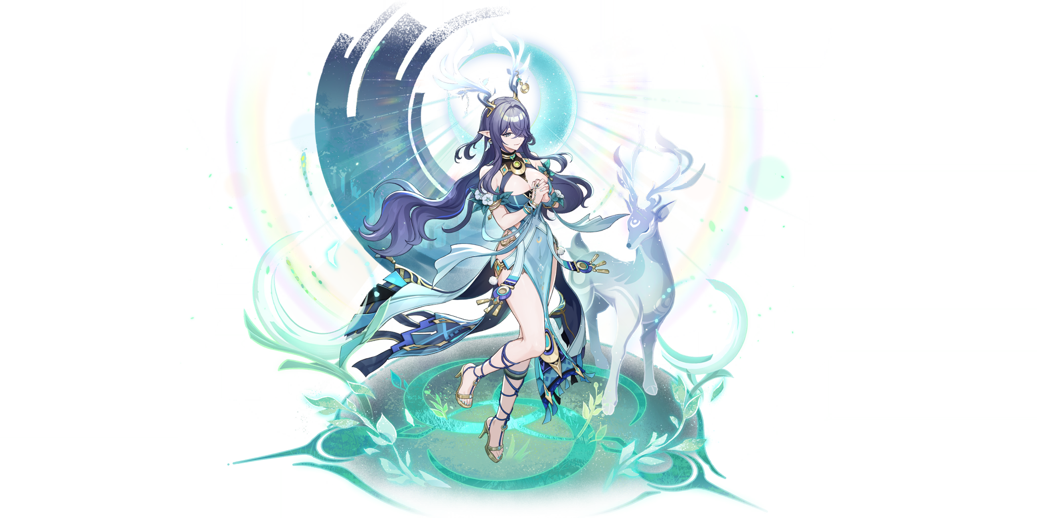deerling, lauma (genshin impact), genshin impact, game cg, highres, non-web source, official art, 1girl, antler ornament, antlers, bare shoulders, blue dress, blue eyes, blue hair, breasts, cleavage, deer antlers, dress, fingernails, full body, gen 5 pokemon, hair over one eye, high heels, horns, interlocked fingers, large breasts, long hair, nail polish, own hands clasped, own hands together, pelvic curtain, pointy ears, solo, toenails, transparent background, very long hair
