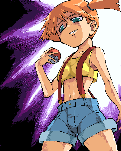 misty (pokemon), nintendo, pokemon, pokemon (anime), pokemon (classic anime), lowres, 1girl, female focus, green eyes, holding, holding poke ball, midriff, oekaki, orange hair, poke ball, poke ball (basic), ponytail, side ponytail, solo, suspenders