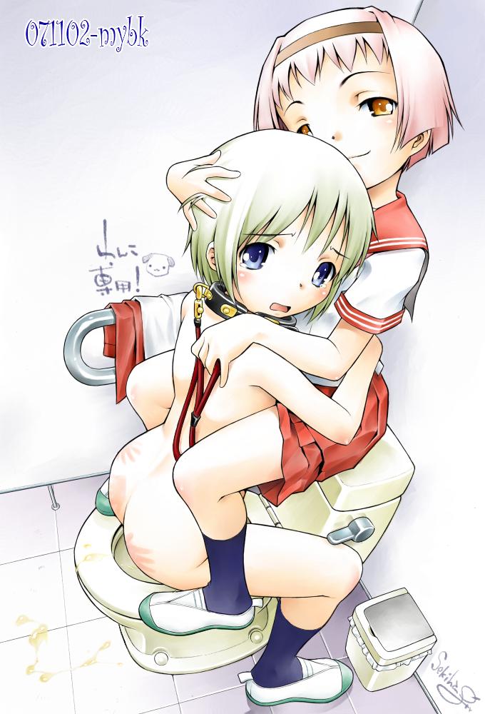 sekihan, original, bad source, jpeg artifacts, 2girls, bathroom, bdsm, blonde hair, bondage, bound, clothed female nude female, clothed on nude, collar, femdom, hug, indoors, leash, multiple girls, nude, pink hair, school uniform, shoes, short hair, slave, smile, smirk, socks, spanked, toilet, yuri