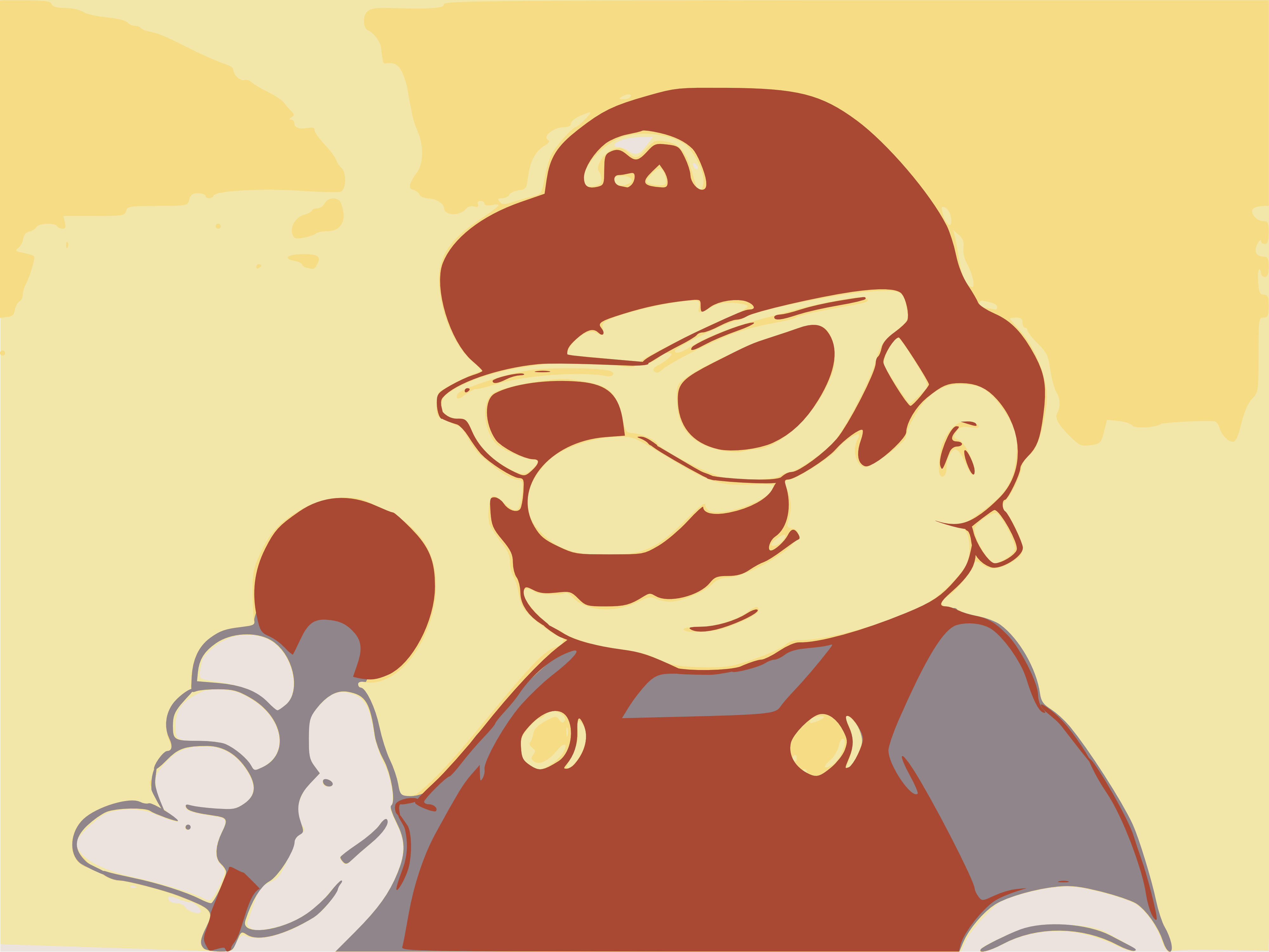 mario, mario (series), nintendo, the super mario bros. super show!, absurdres, highres, 1boy, facial hair, glasses, gloves, male focus, microphone, mustache, overalls, smile, solo, standing, sunglasses