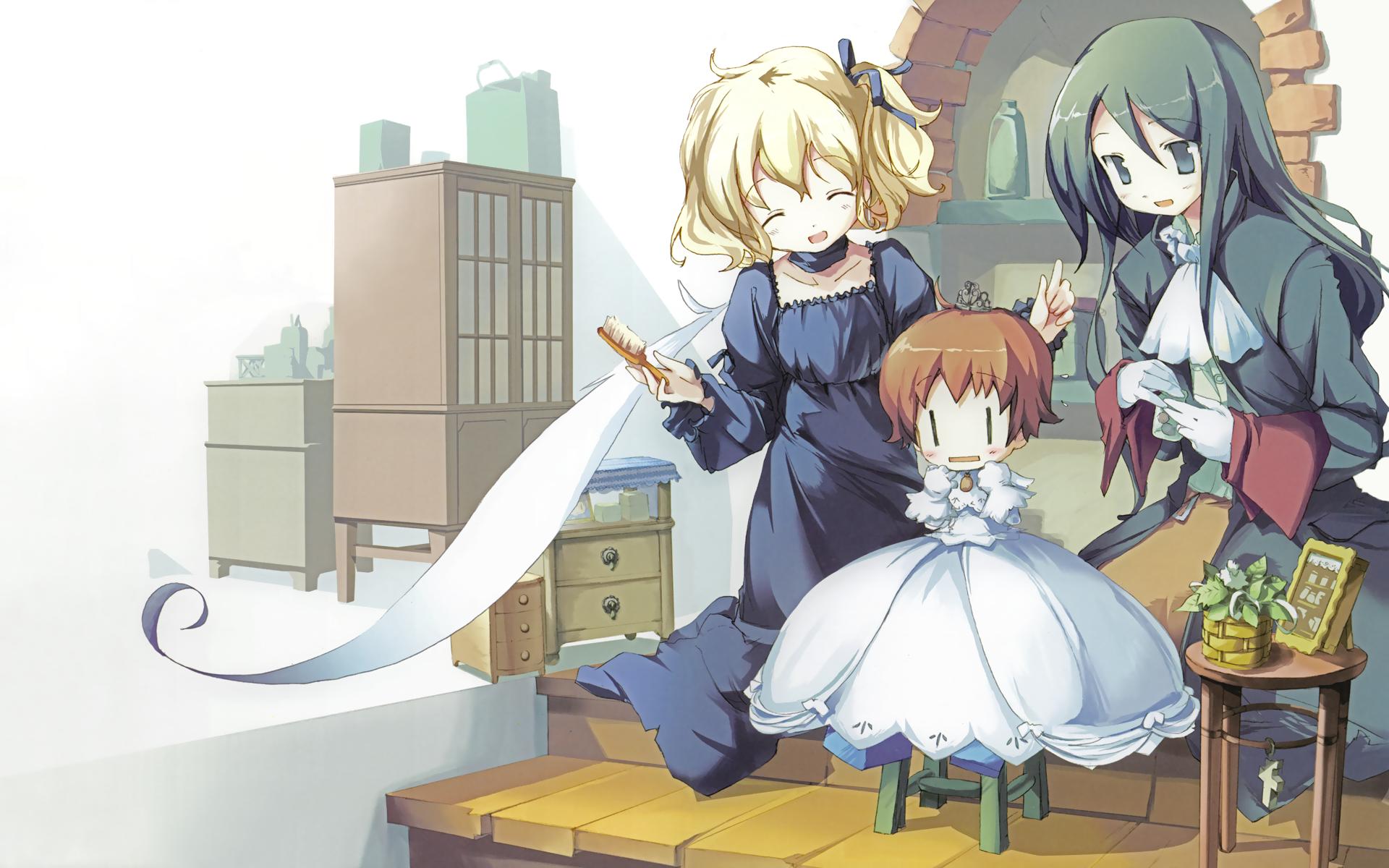 fue (tsuzuku), angelina rocca, belle (katahane), coco (katahane), efa, katahane, highres, non-web source, scan, 3girls, aqua eyes, aqua hair, ascot, blonde hair, blush, brown hair, chair, child, closed eyes, crown, dress, hair brush, hair ribbon, happy, kneeling, long hair, multiple girls, plant, pointing, ribbon, scarf, short hair, side ponytail, sitting, stool, | |