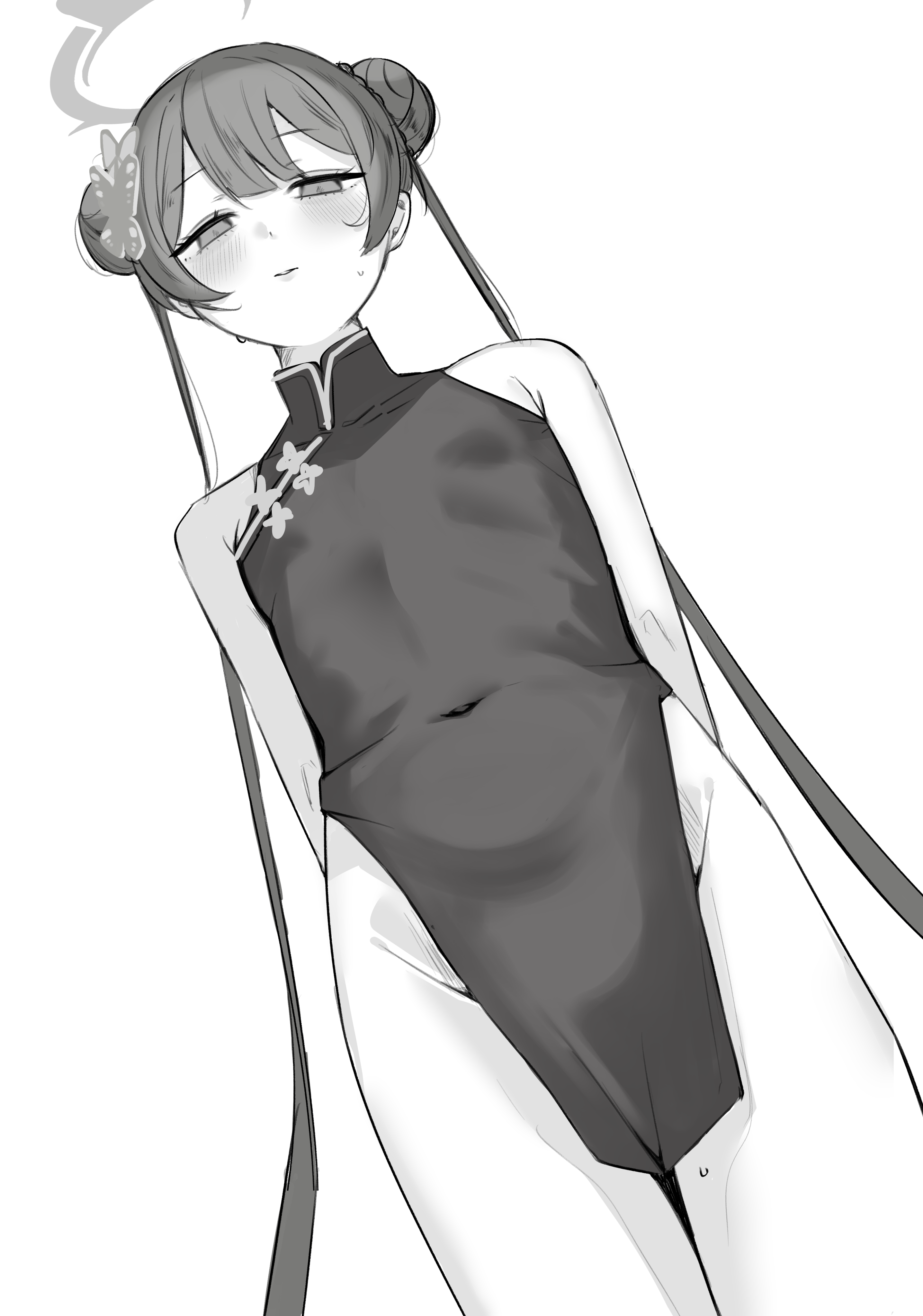 showtime775, kisaki (blue archive), blue archive, absurdres, highres, 1girl, blush, breasts, double bun, hair bun, halo, long hair, looking at viewer, small breasts, solo, standing, sweat