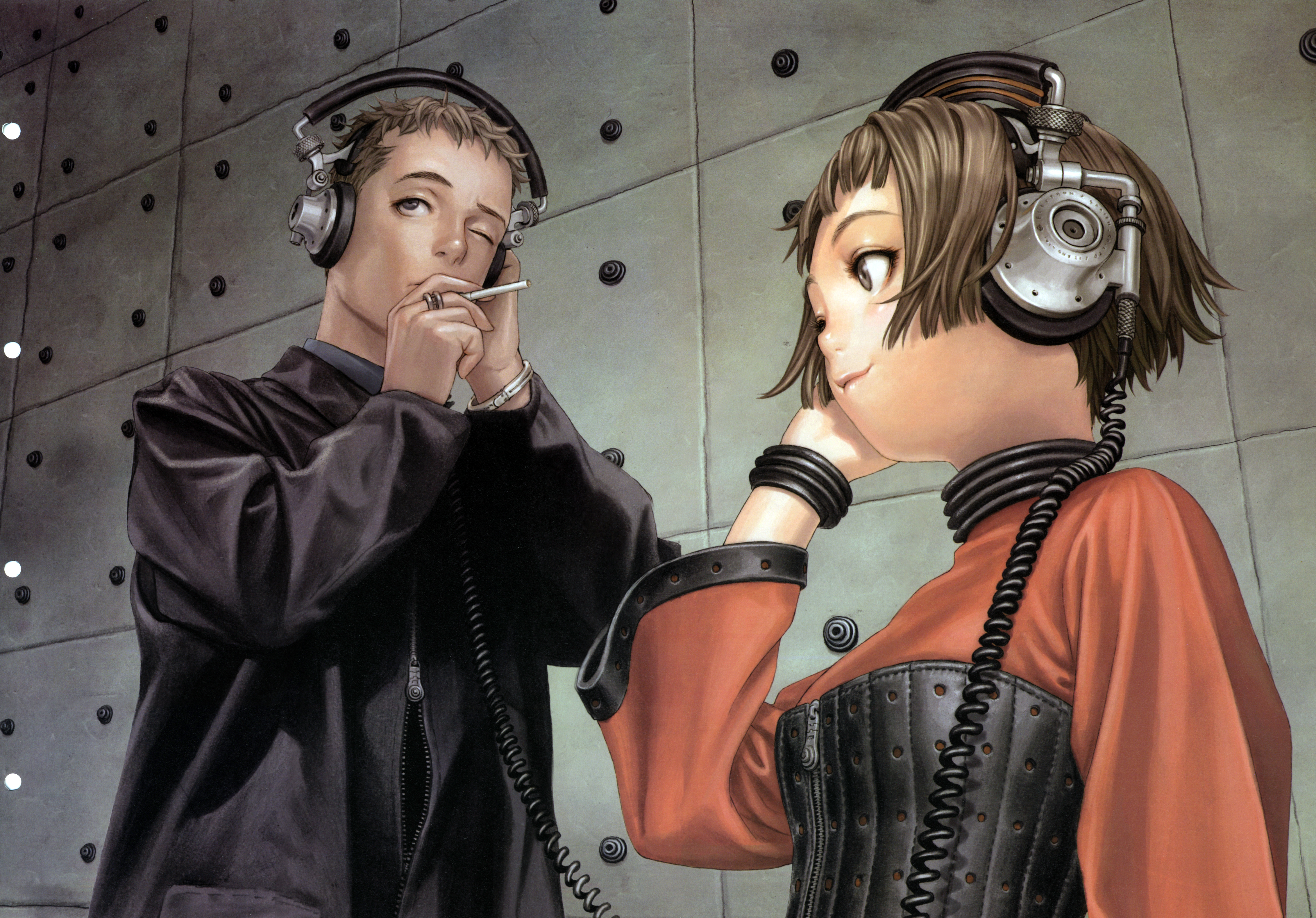 murata range, form code, absurdres, highres, scan, art deco, bob cut, cigarette, headphones, short hair