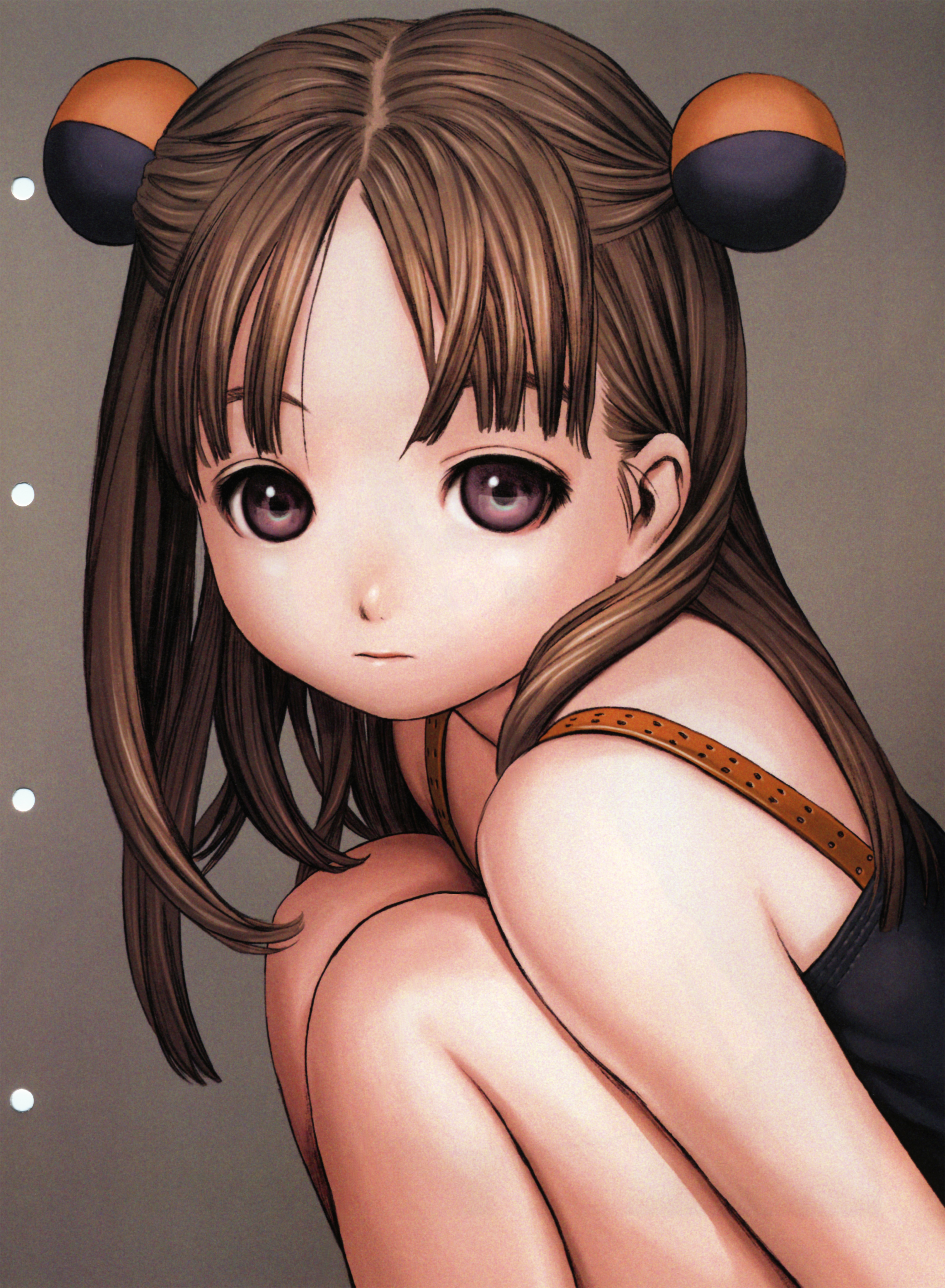 murata range, form code, absurdres, highres, scan, brown background, brown hair, from side, hair ornament, hairclip, half updo, parted bangs, solo
