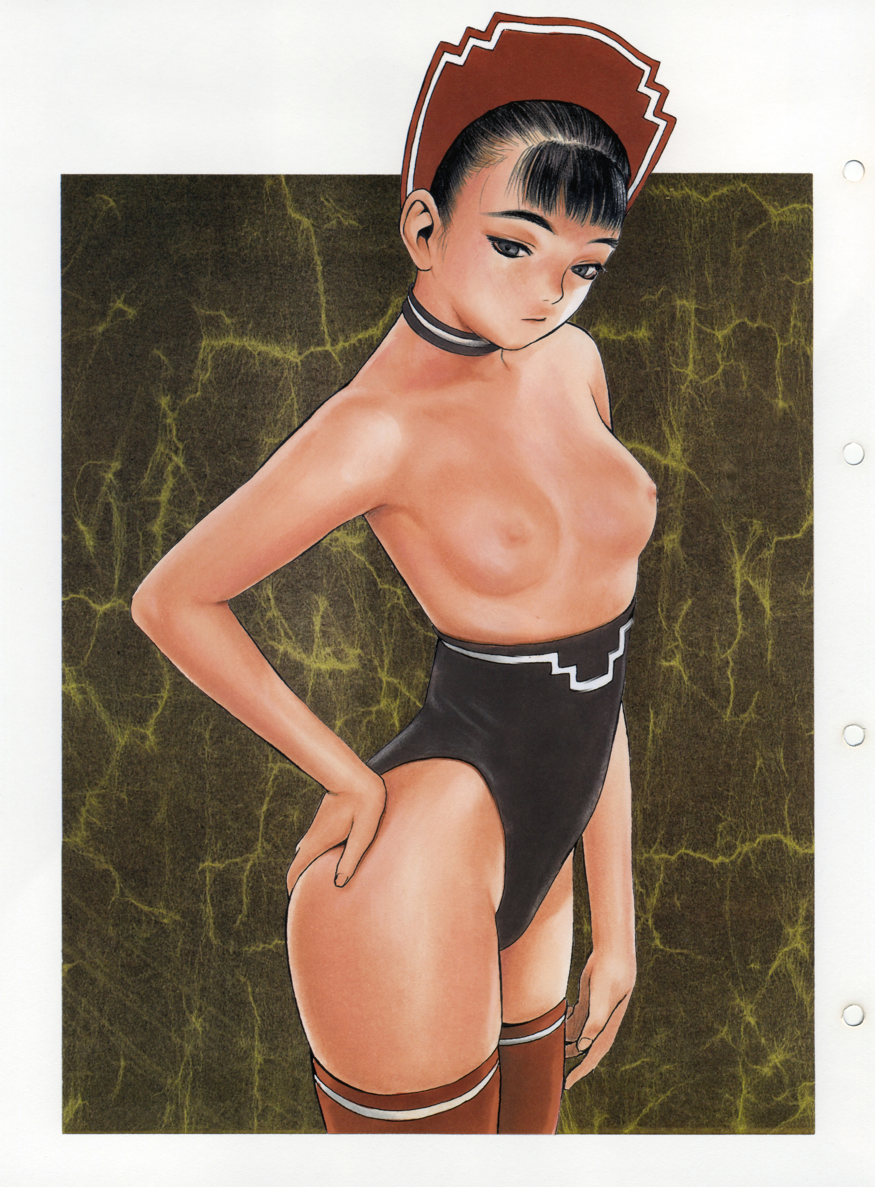 murata range, form code, absurdres, highres, scan, 1girl, art deco, black eyes, black hair, breasts, choker, cowboy shot, female focus, hand on own hip, head tilt, highleg, nipples, pinup (style), print thighhighs, red thighhighs, short hair, solo, thighhighs, topless female